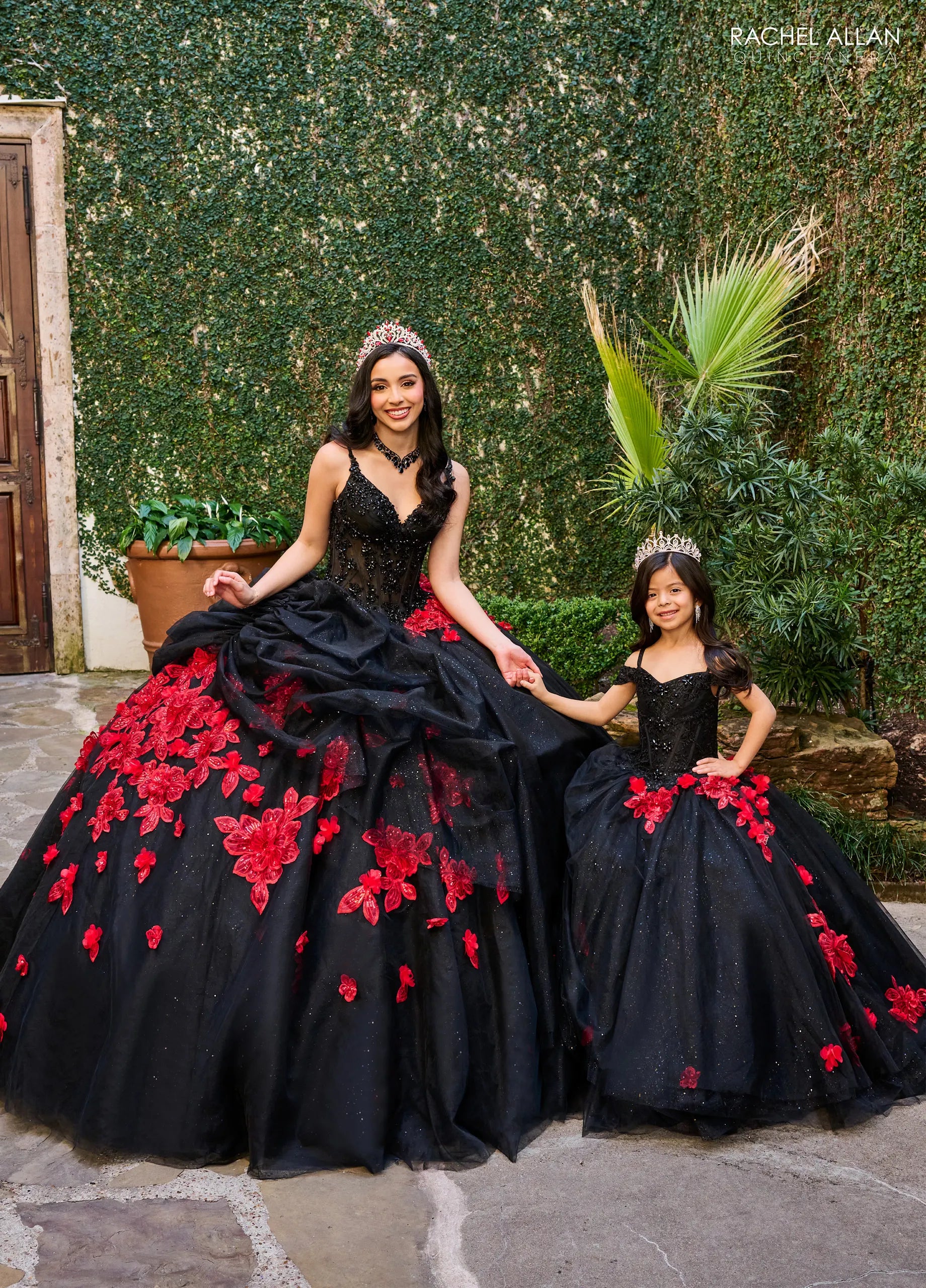 Black Red Off the Shoulder Floor Length Glitter Tulle Flower Girl Ball Gown with Floral Rachel Allan RQ4045