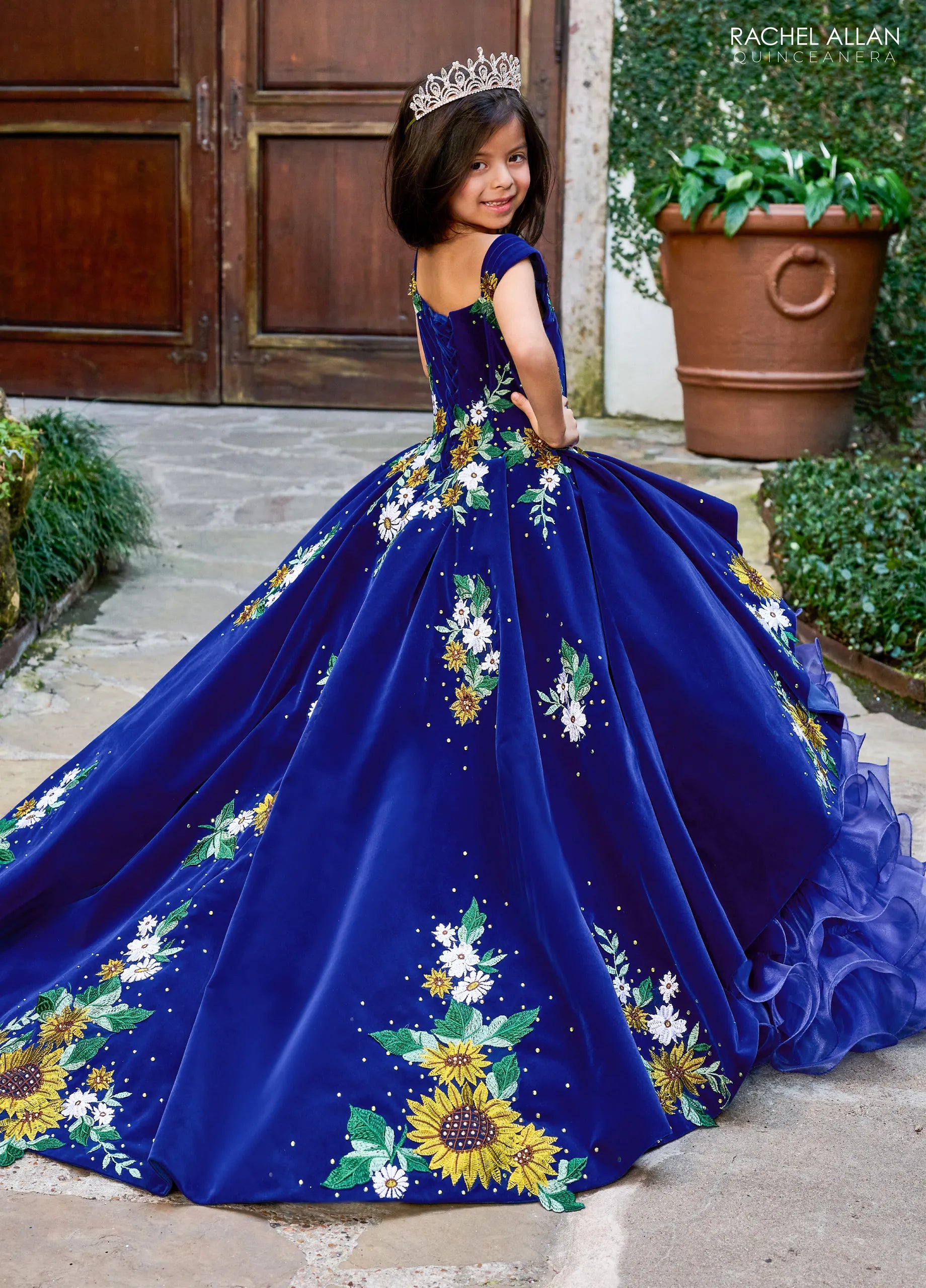 Royal Multi Off the Shoulder Floor Length Velvet Organza Flower Girl Ball Gown with Ruffle Skirt Rachel Allan RQ4049