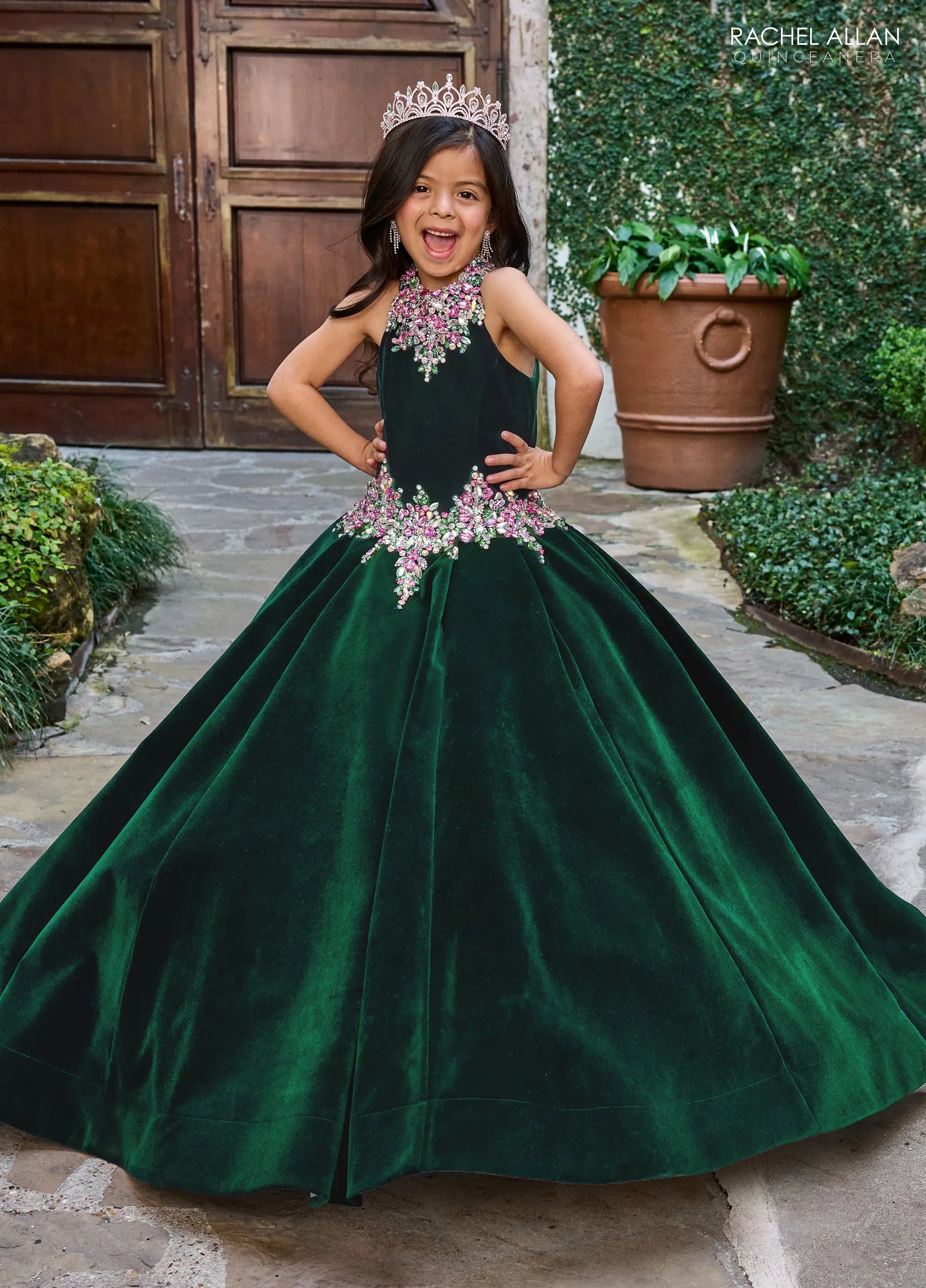 Emerald Multi Crew High Neck Floor Length Velvet Flower Girl Ball Gown with Beaded Floral Embellishments Rachel Allan RQ4048