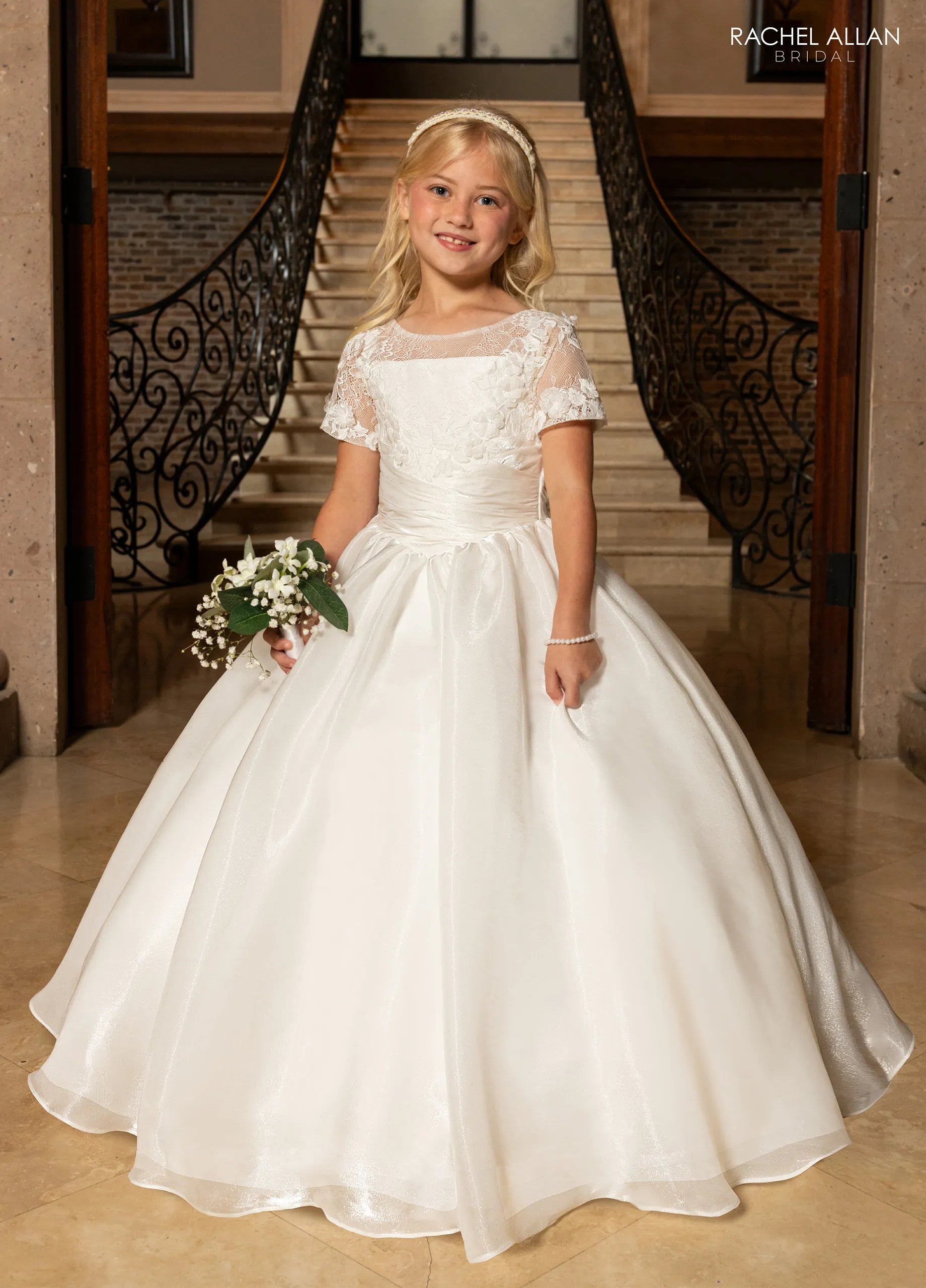Ivory Nude Illusion Neck Floor-Length Crystal Organza Wedding Flower Girl Dress with Sheer Sleeves Rachel Allan RB9196