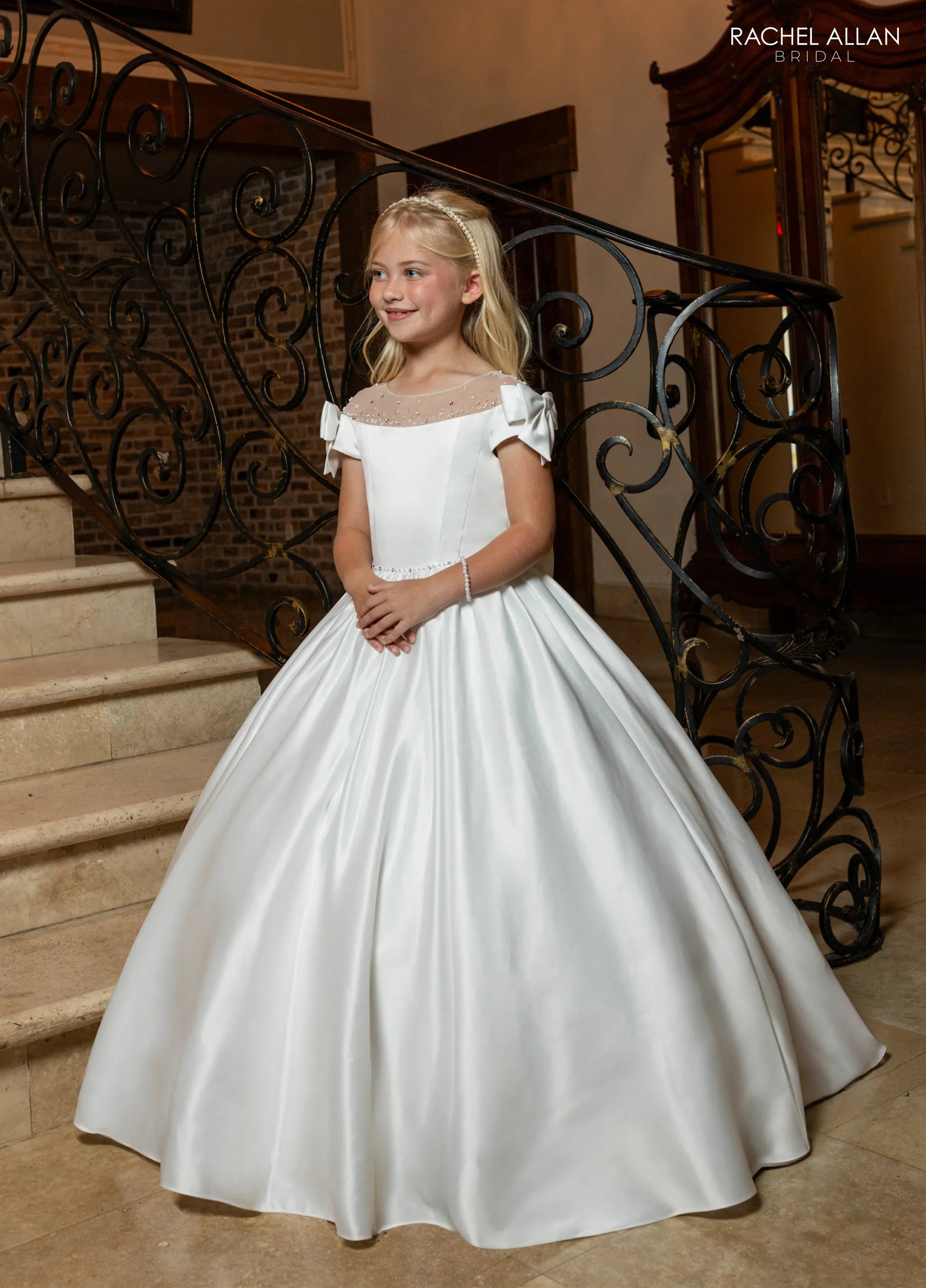 Ivory Nude Illusion Neck Floor-Length Satin Wedding Flower Girl Dress with Bow Sleeves Rachel Allan RB9191