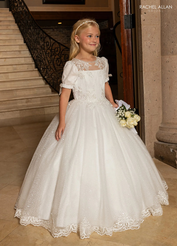 Square Neck Floor-Length Glitter Tulle Flower Girl Dress with Lace Applique Rachel Allan RB9190