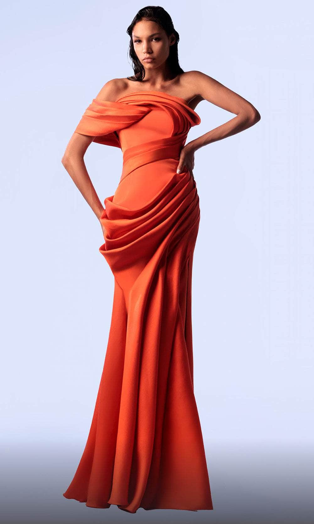 Off-the-Shoulder Floor-Length Satin Evening Sheath MNM Couture G1710