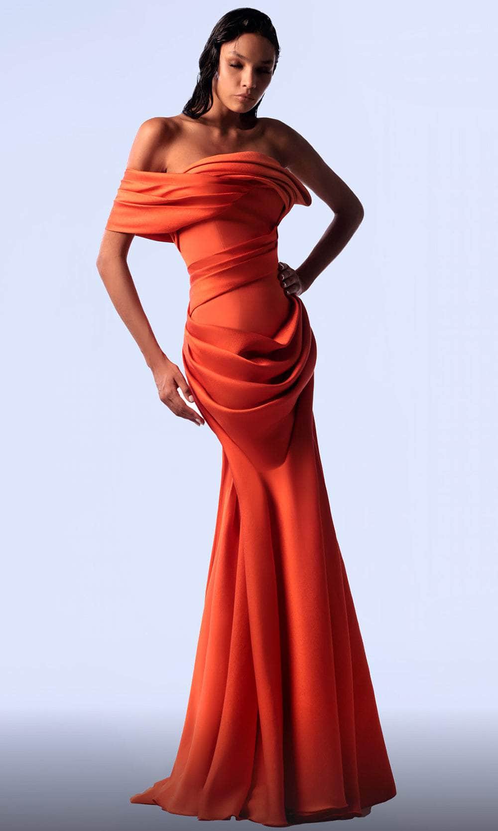 Off-the-Shoulder Floor-Length Satin Evening Sheath MNM Couture G1710