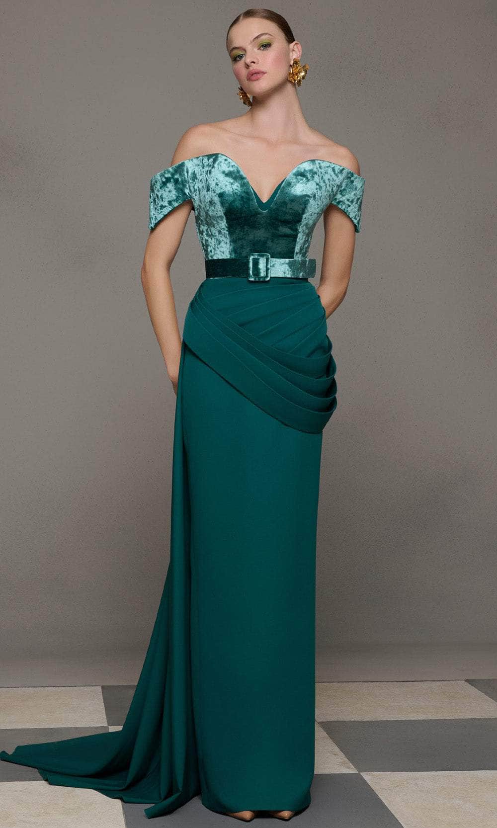 Off-the-Shoulder Floor-Length Velvet Formal Sheath MNM Couture N0628