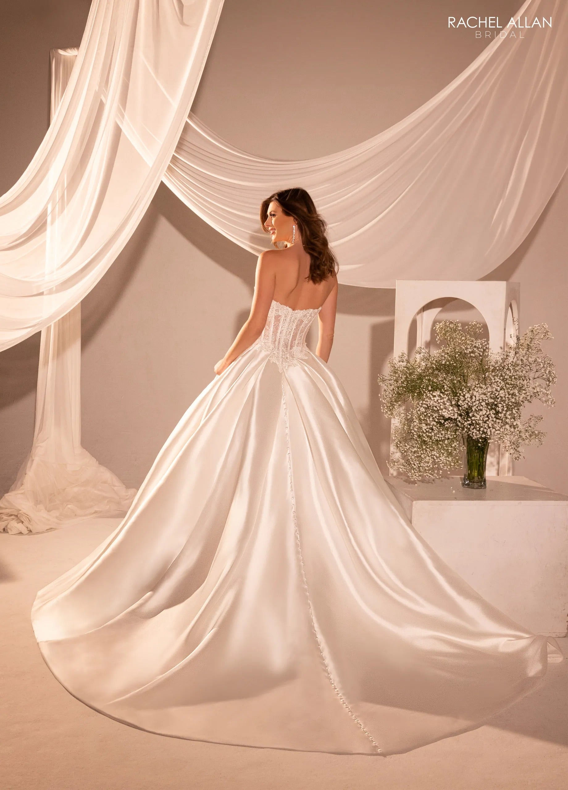 Ivory Sweetheart Floor-Length Mikado Wedding Ball Gown with Detachable Train Rachel Allan RB2215
