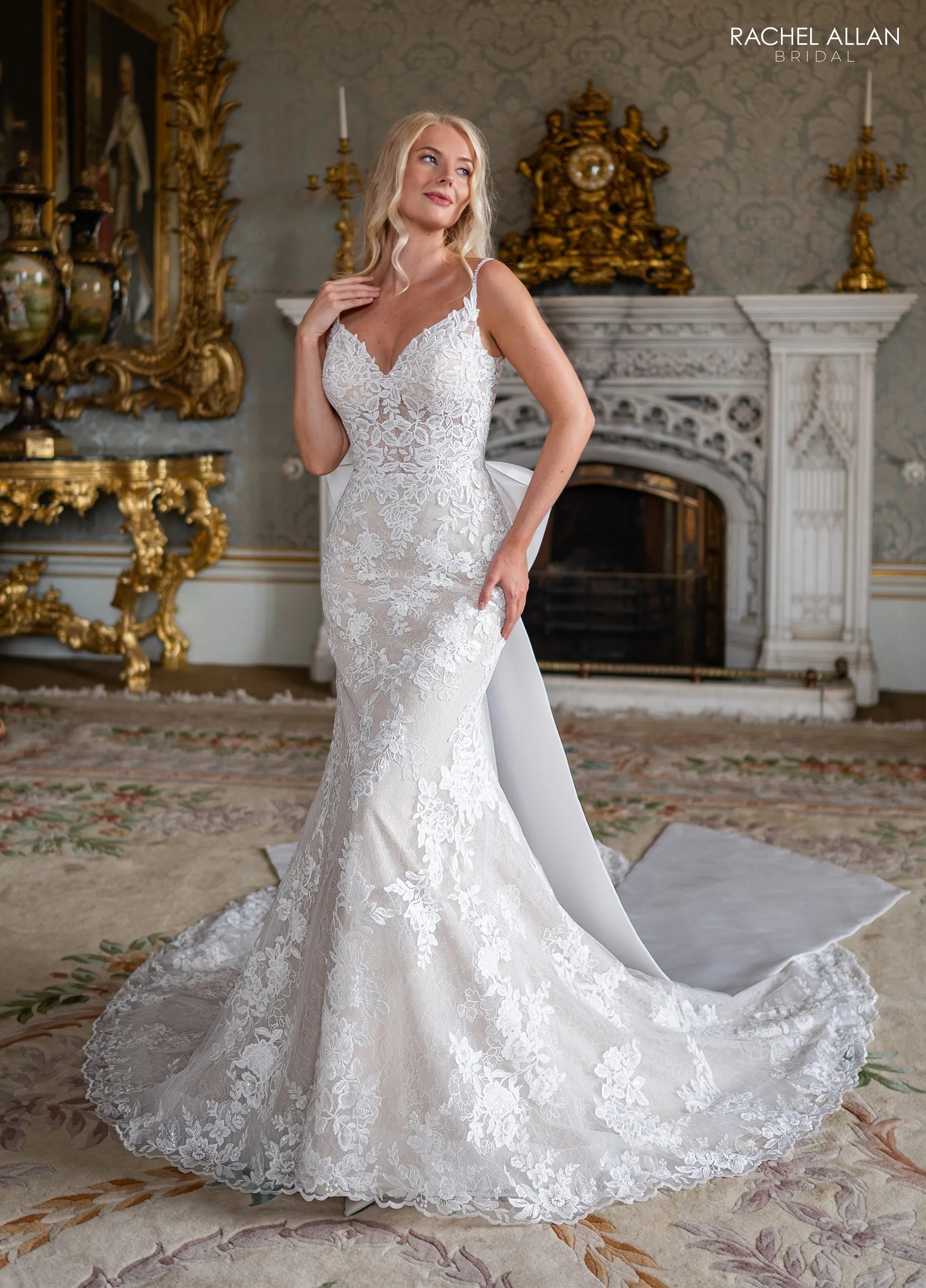 Ivory Champagne Nude Beaded Illusion Back Lace Mermaid Bridal Gown with Detachable Satin Bow Rachel Allan RB2236