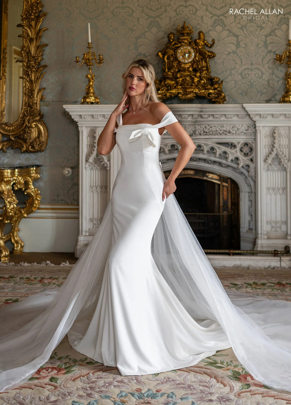 Off-the-Shoulder Floor-Length Satin Bridal Gown with Detachable Tulle Overskirt Rachel Allan RB2238