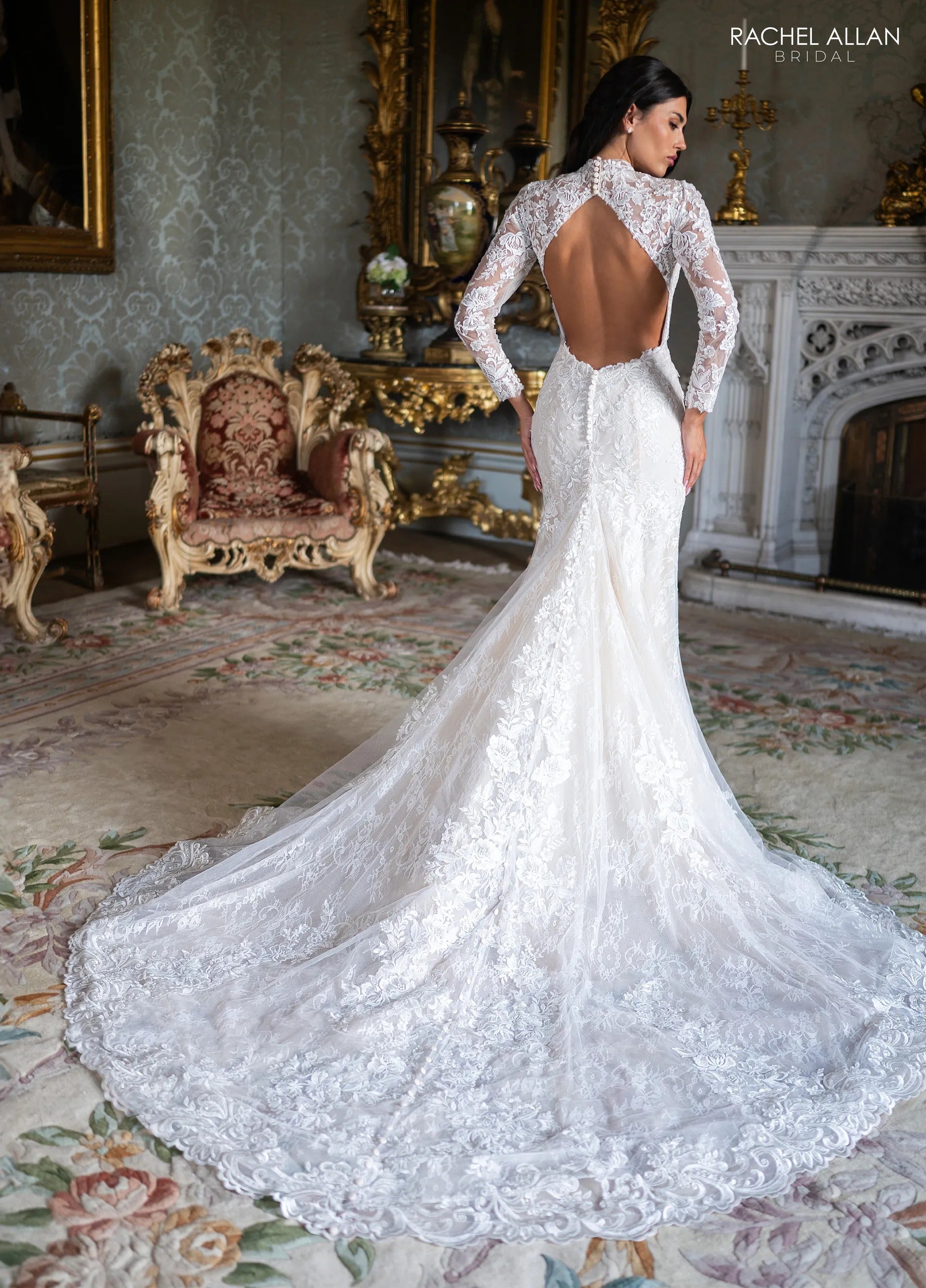 Ivory Champagne High-Neck Long-Sleeve Lace Mermaid Bridal Gown with Open Back Rachel Allan RB2234