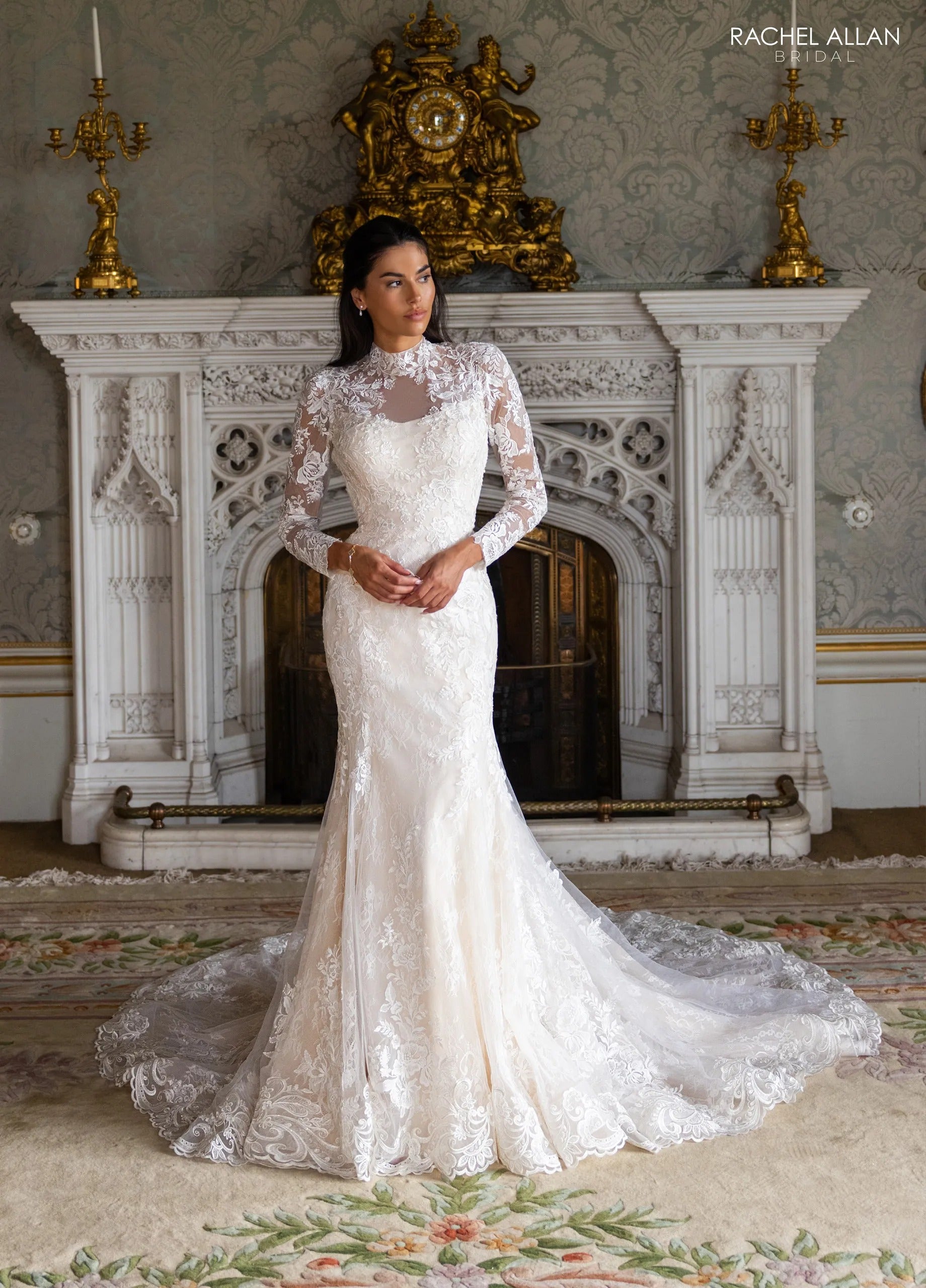 Ivory Champagne High-Neck Long-Sleeve Lace Mermaid Bridal Gown with Open Back Rachel Allan RB2234