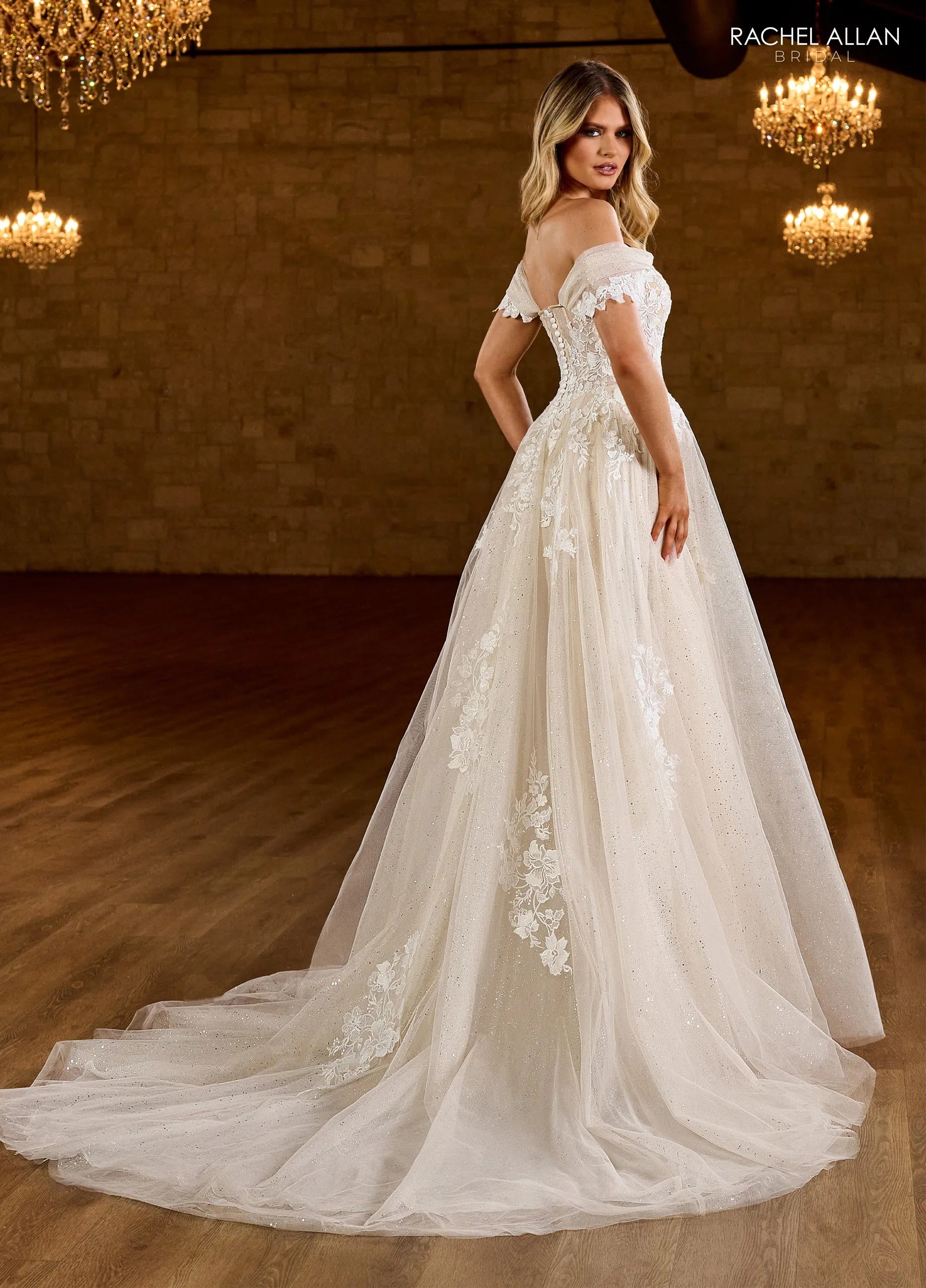 Ivory Product Title Off-the-Shoulder Floor-Length Tulle Wedding A-Line Gown with Lace Rachel Allan RB2184