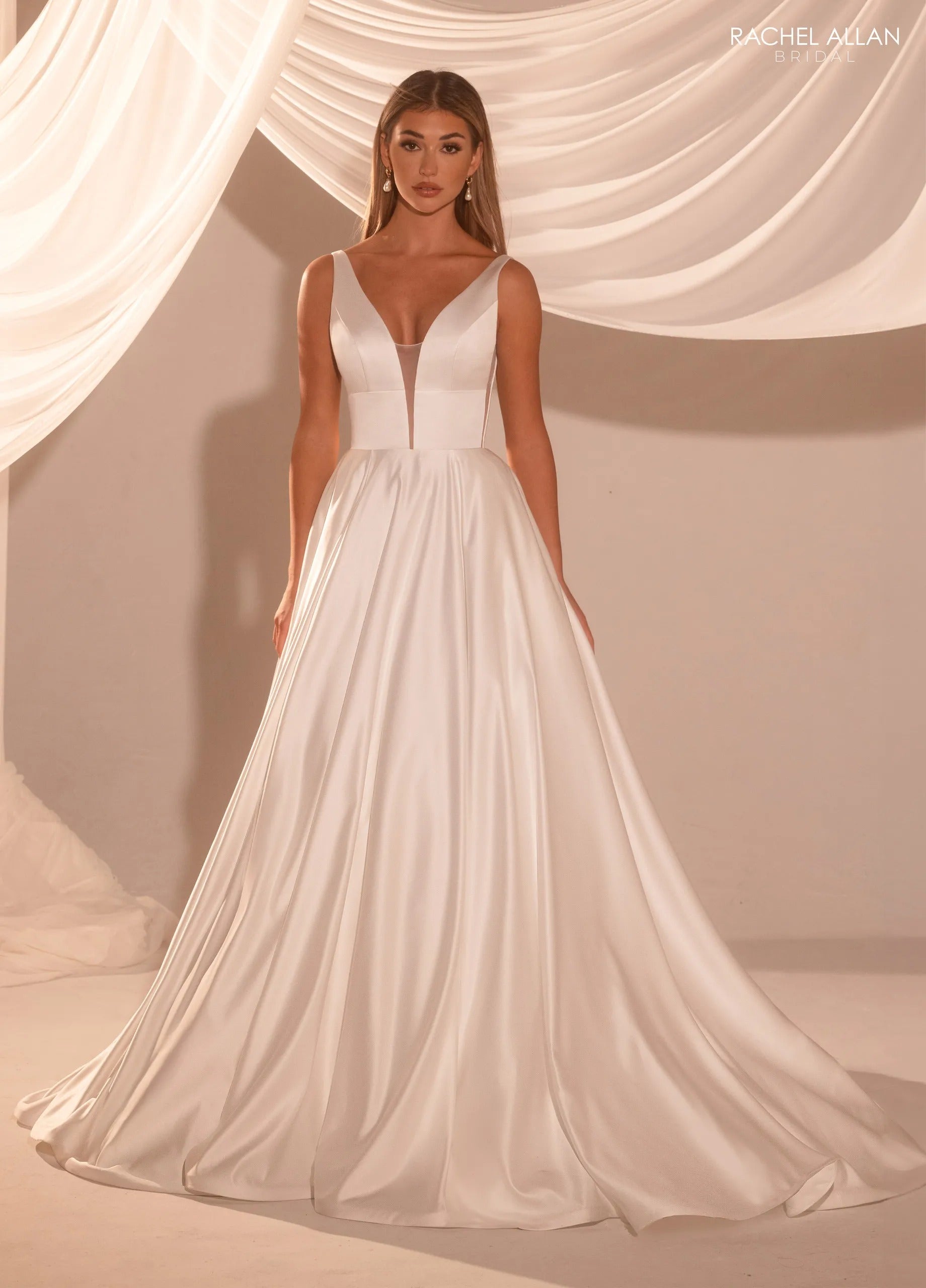 Ivory Nude Plunging V-Neck Floor-Length Satin Bridal Gown with Sweeping Train Rachel Allan RB2222