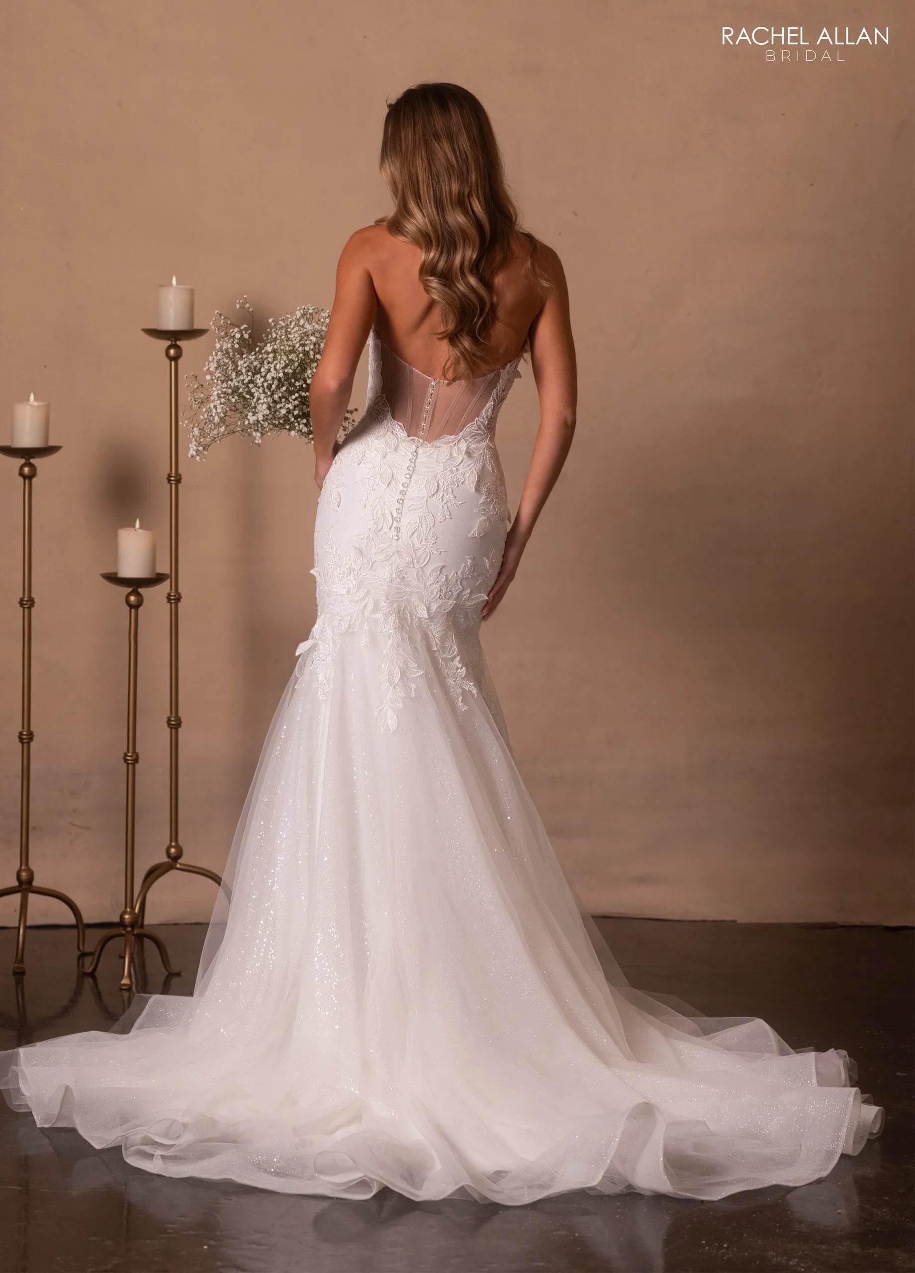 Ivory Nude Sweetheart Floor-Length Glitter Tulle Wedding Fit-and-Flare Gown Rachel Allan RB2216