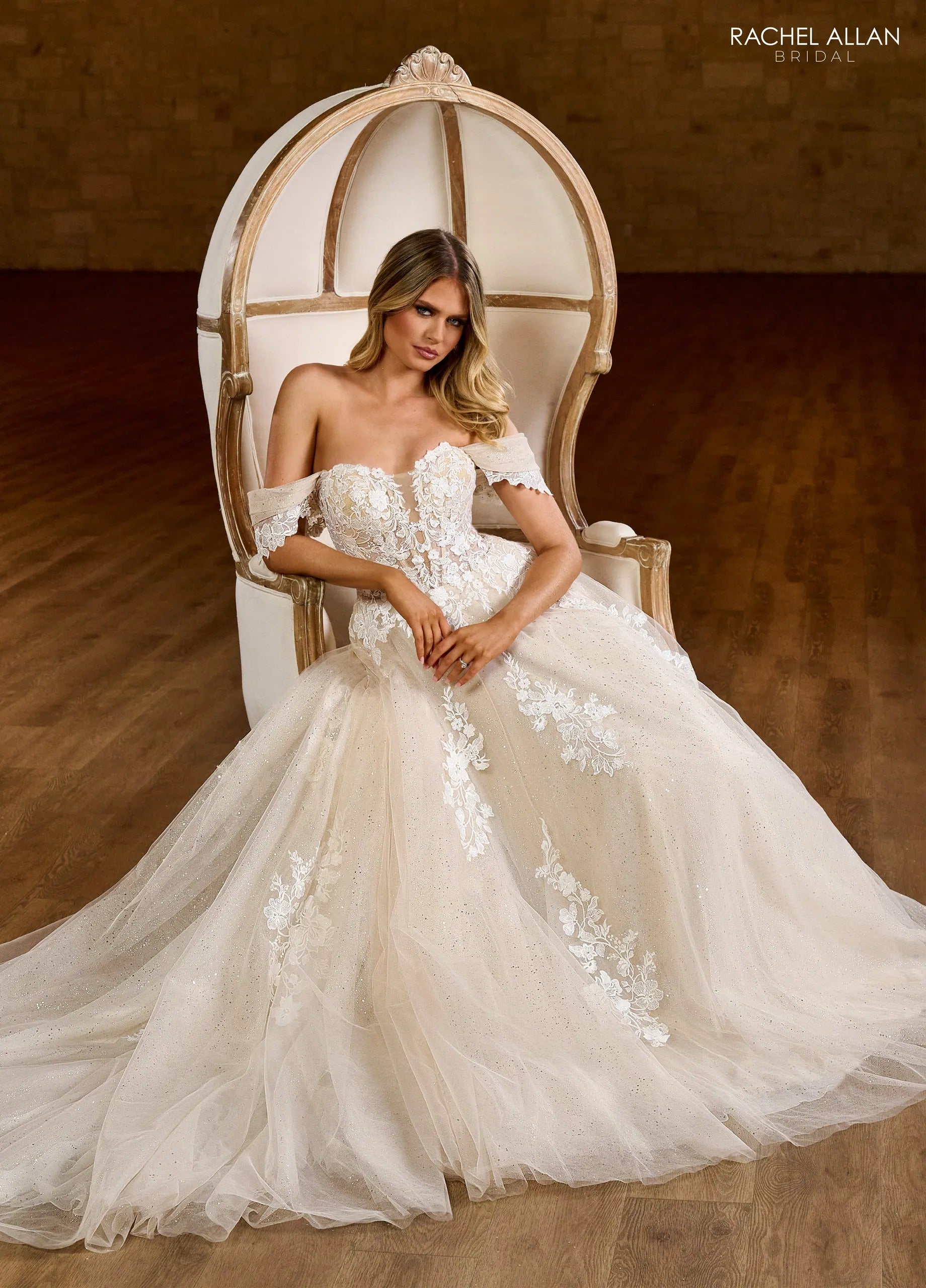 Ivory Product Title Off-the-Shoulder Floor-Length Tulle Wedding A-Line Gown with Lace Rachel Allan RB2184