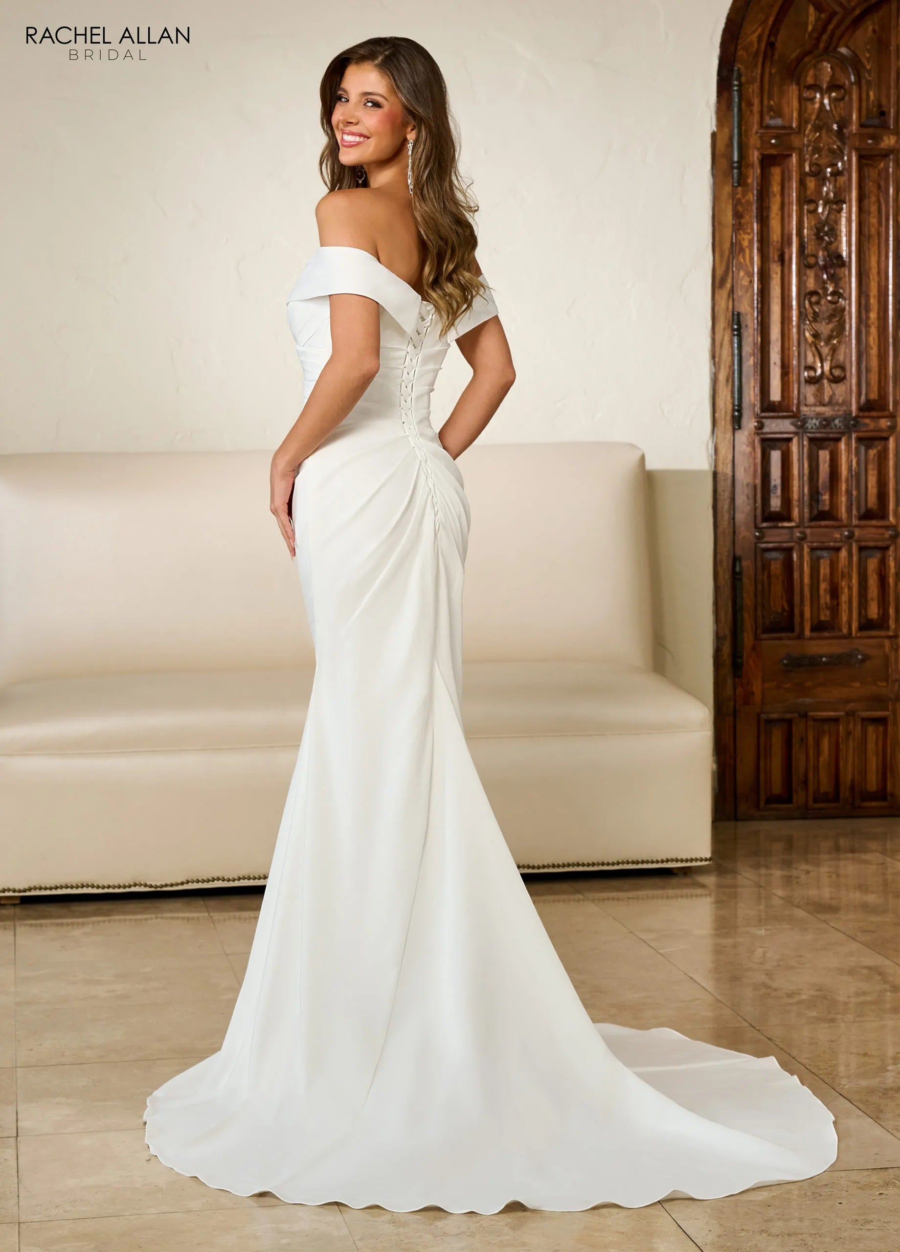 Ivory Off-the-Shoulder Floor-Length Stretch Crepe Bridal Gown with Thigh-High Slit Rachel Allan RB2171