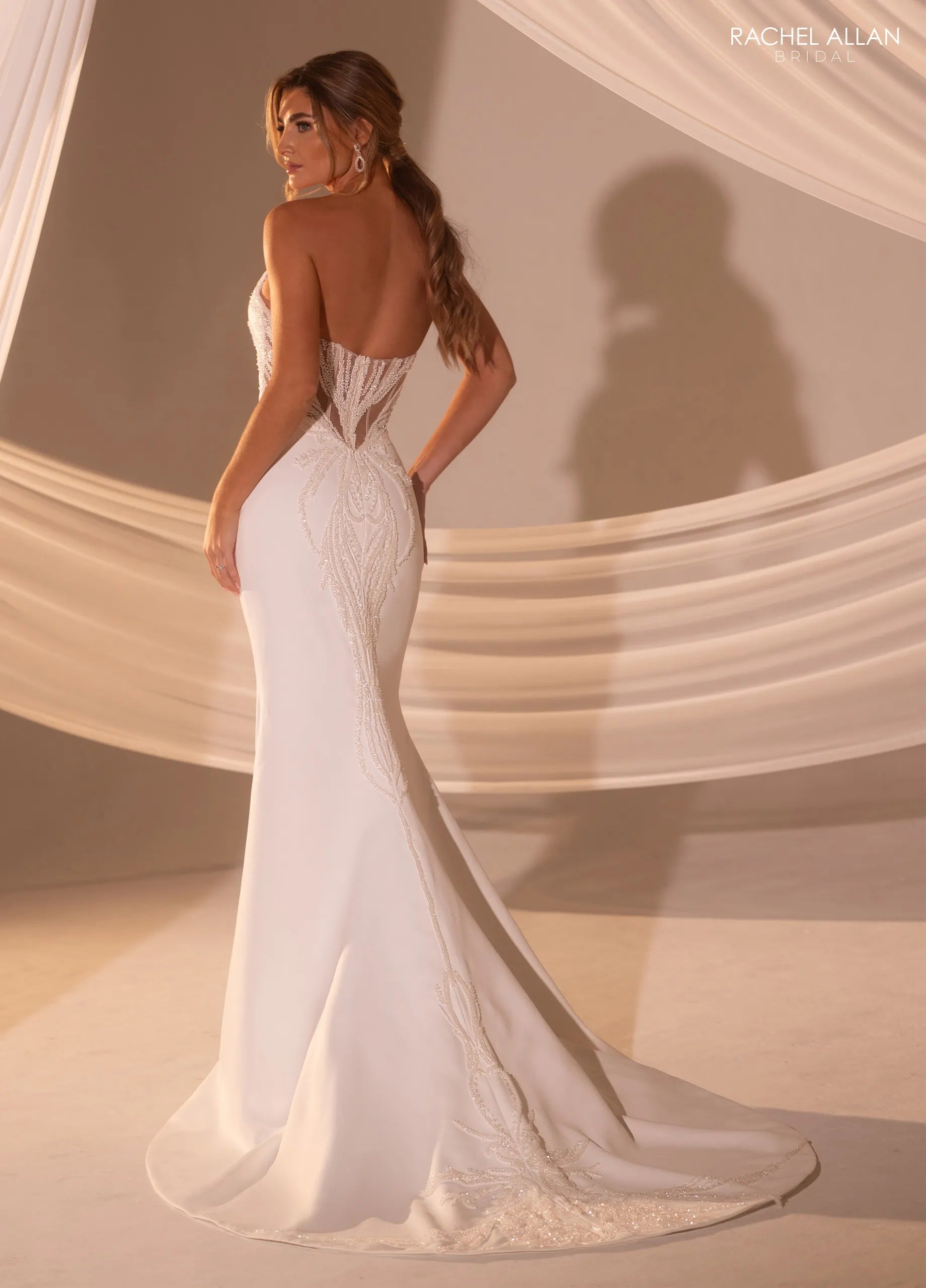 Ivory Nude Strapless Floor-Length Satin Wedding Dress with Beaded Back Detail Fit-and-Flare Gown Rachel Allan RB2218