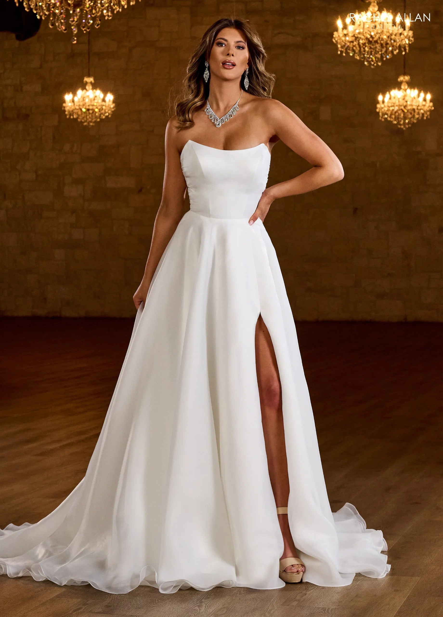 Ivory Nude Straight-Neck Floor-Length Organza Wedding Dress with High Slit Bridal Gown Rachel Allan RB2190