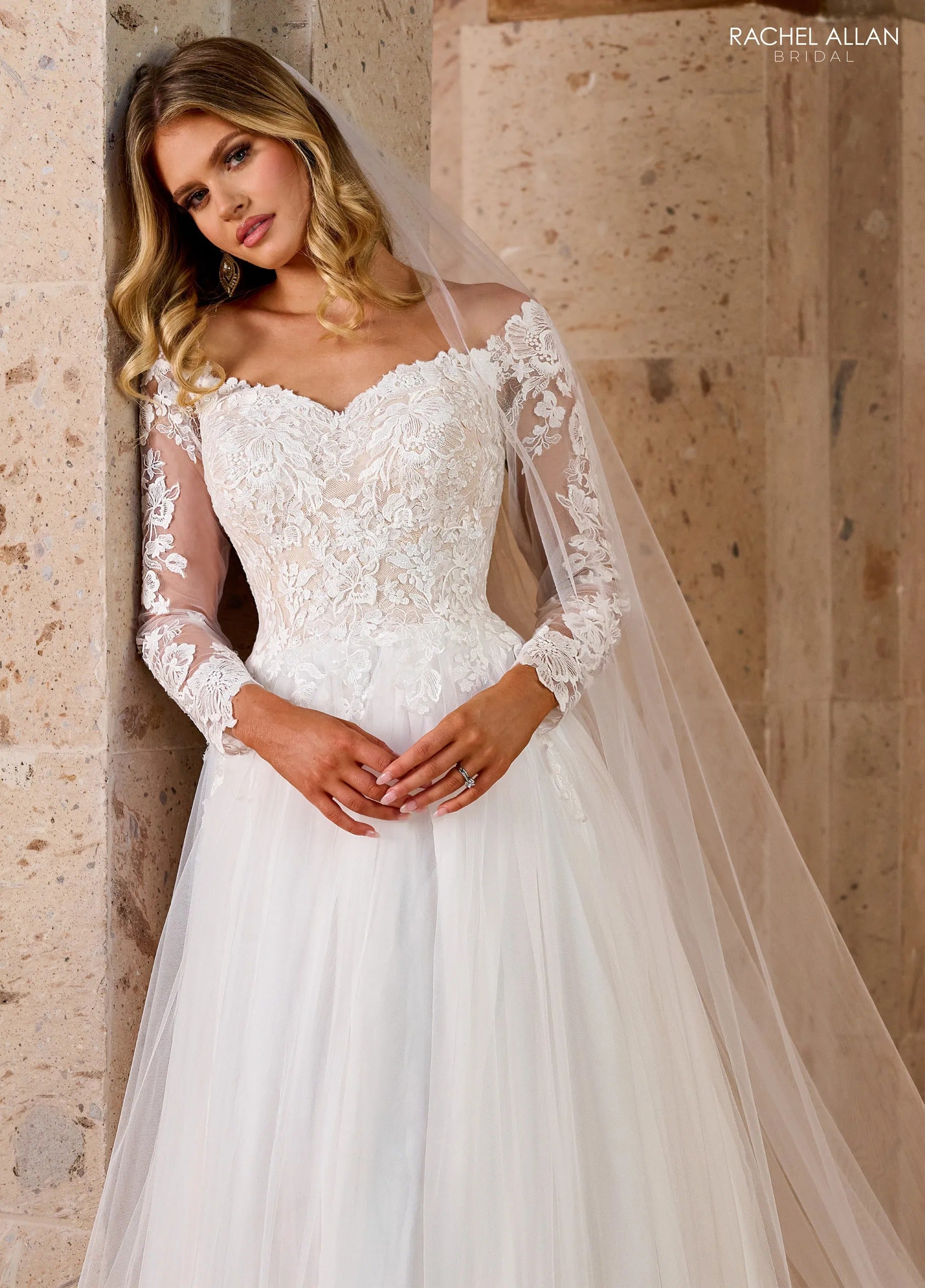 Ivory Nude V-Neck Floor-Length Tulle and Lace Wedding Dress with Long Sleeves Rachel Allan RB2186