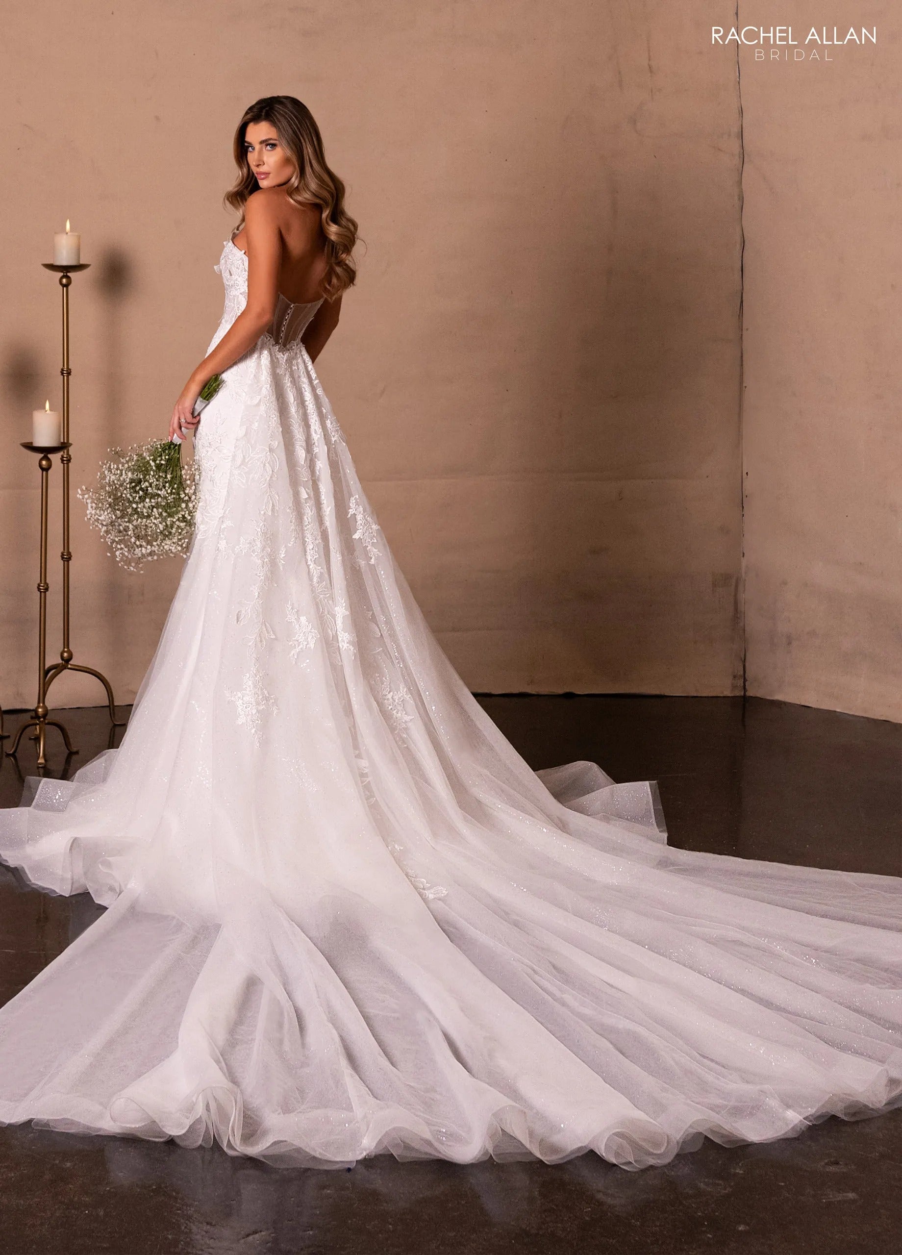 Ivory Nude Sweetheart Floor-Length Glitter Tulle Wedding Fit-and-Flare Gown Rachel Allan RB2216