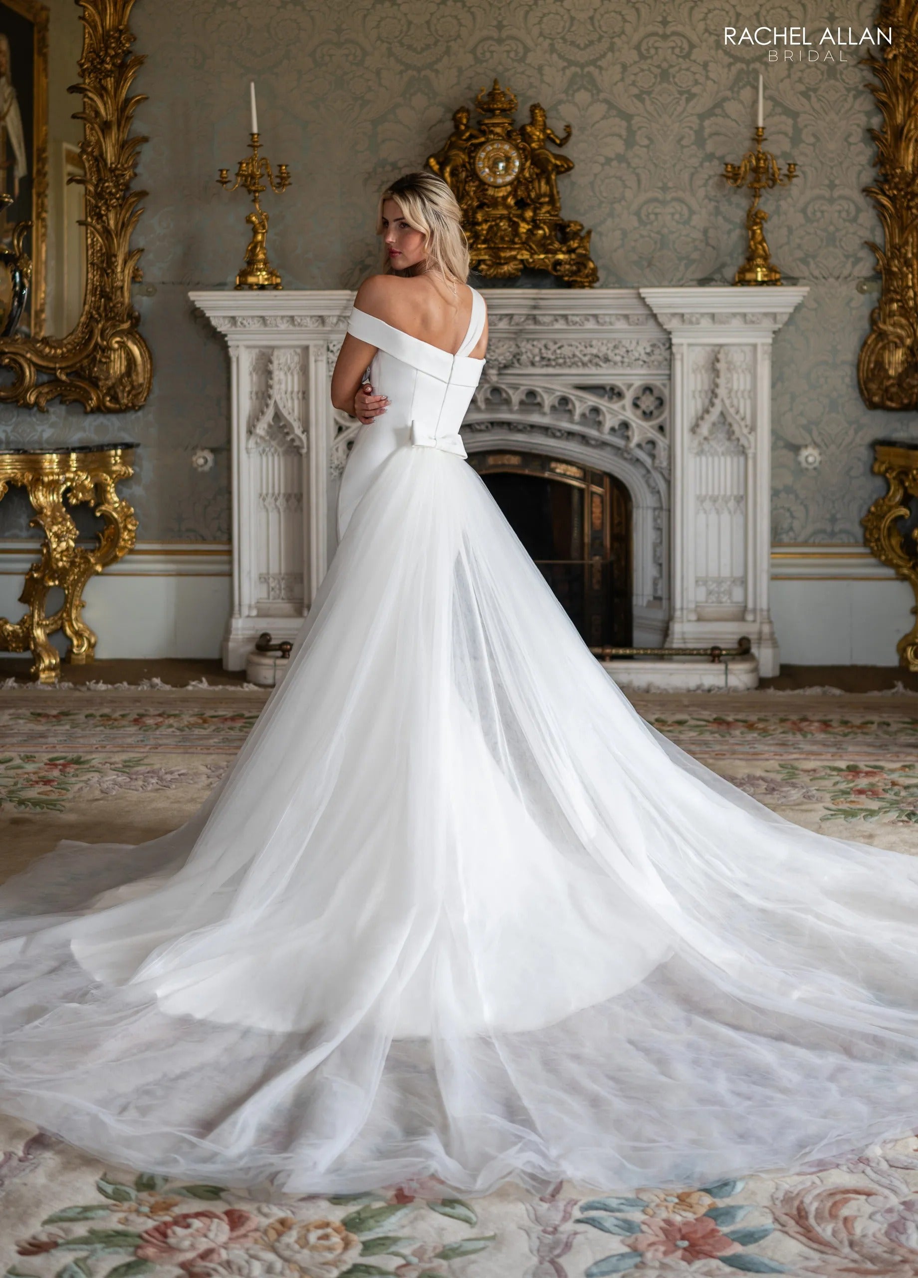 Ivory Off-the-Shoulder Floor-Length Satin Bridal Gown with Detachable Tulle Overskirt Rachel Allan RB2238