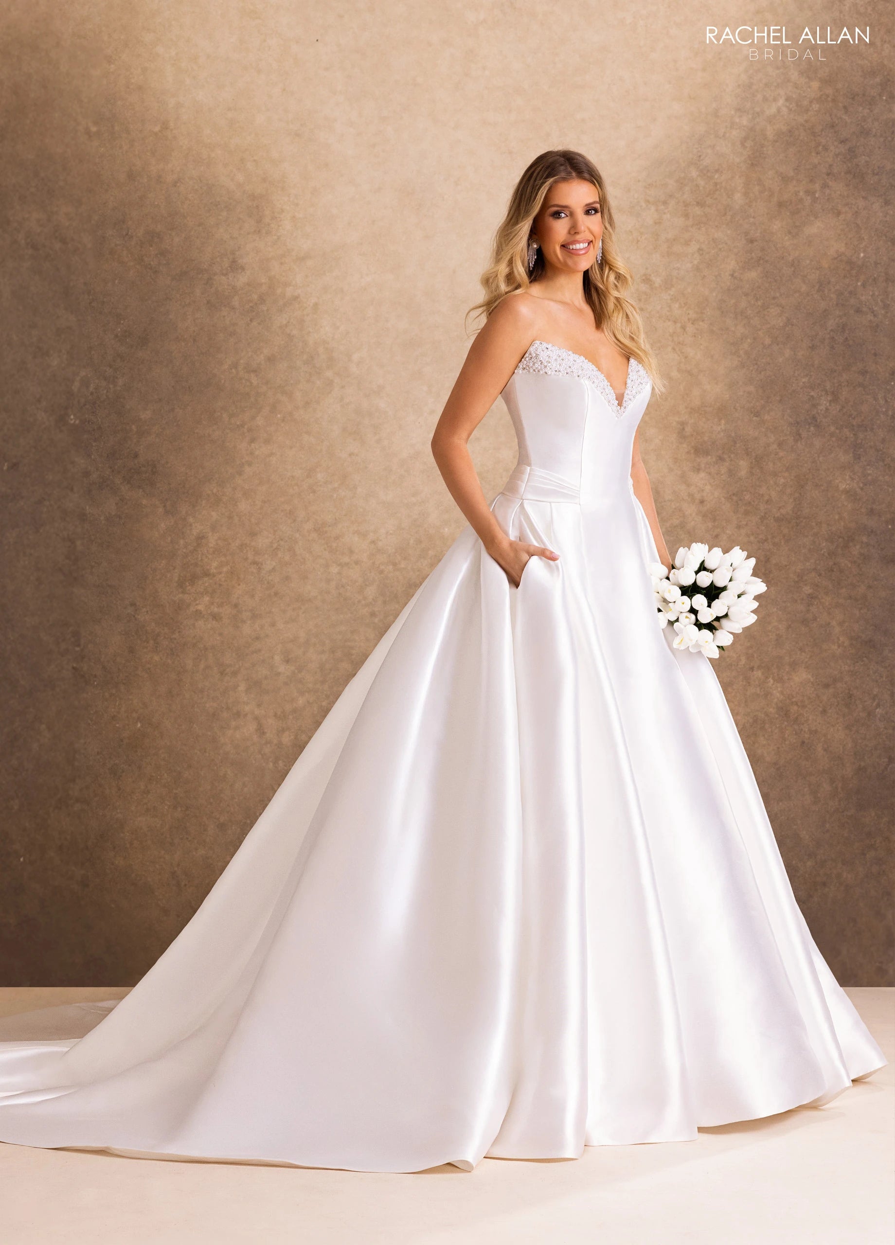 Strapless Curved Neck Floor-Length Satin Wedding Dress Ball Gown Rachel Allan RB2245