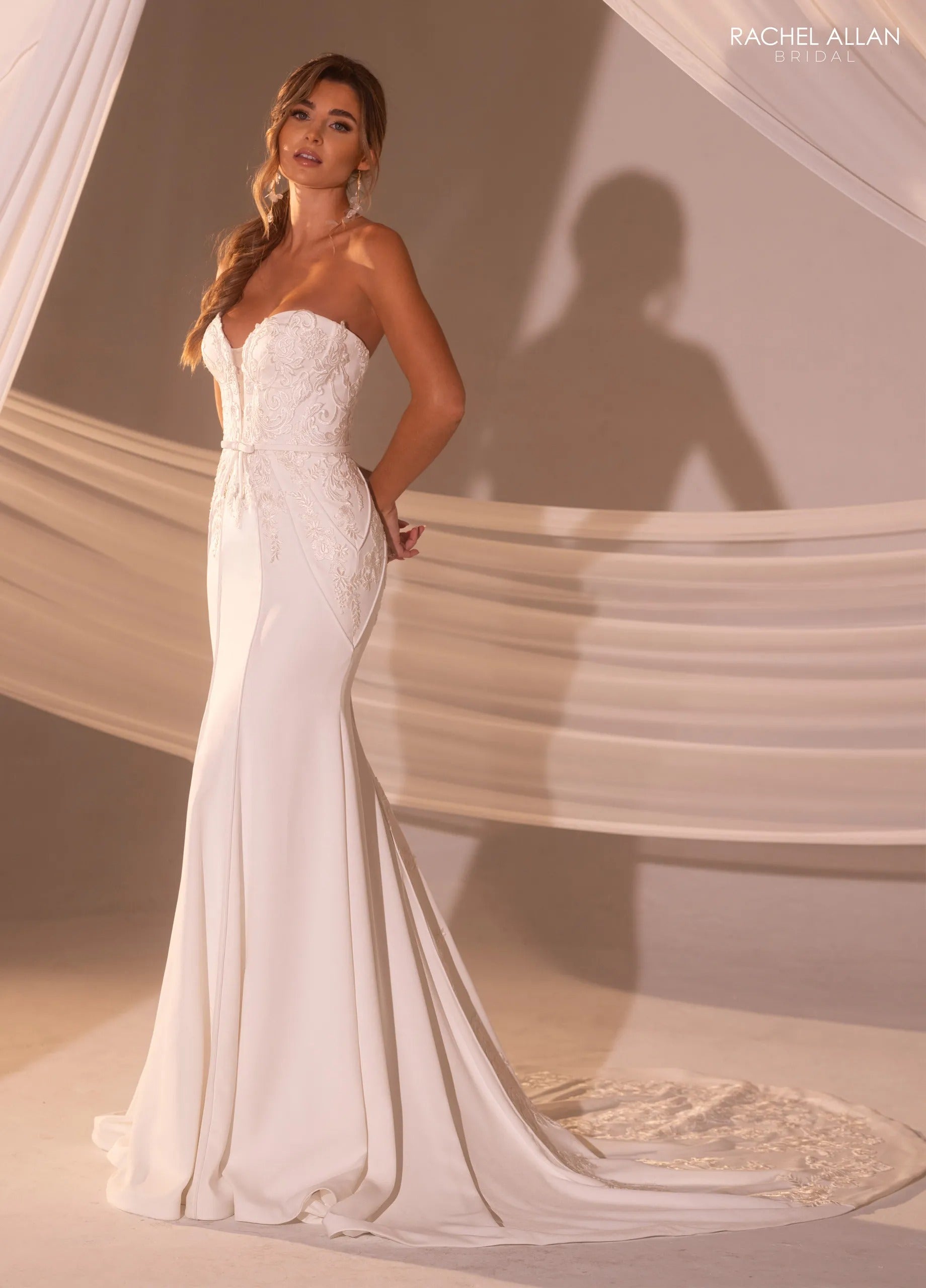 Ivory Nude Sweetheart Floor-Length Crepe Mermaid Bridal Gown with Lace Appliqués Rachel Allan RB2221 Rachel Allan RB2221