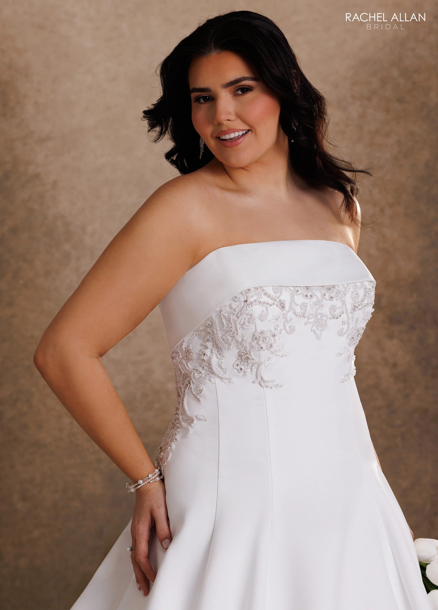 Strapless Straight Neck Floor-Length Satin Wedding Dress A-Line Rachel Allan RB2250