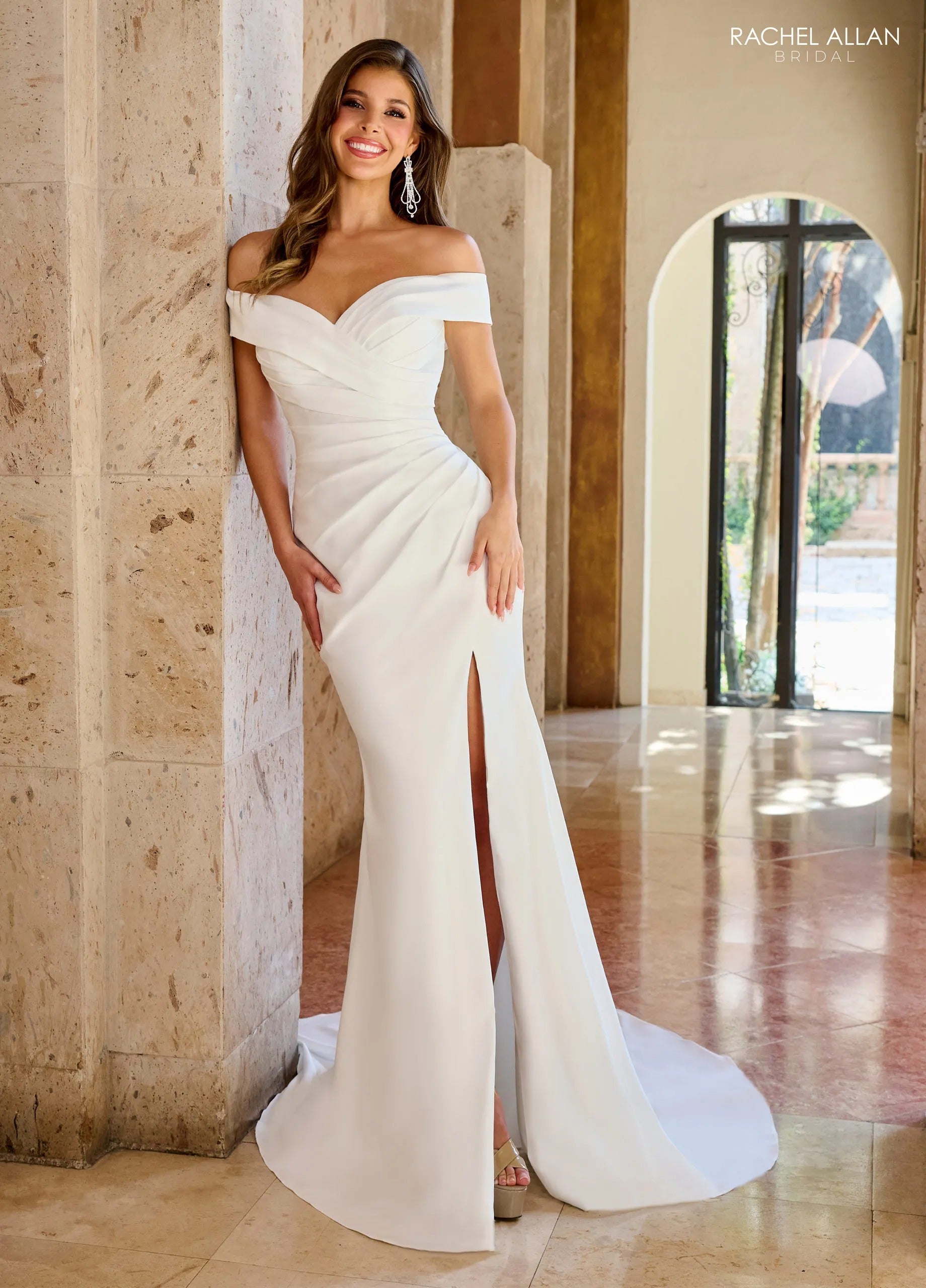 Ivory Off-the-Shoulder Floor-Length Stretch Crepe Bridal Gown with Thigh-High Slit Rachel Allan RB2171