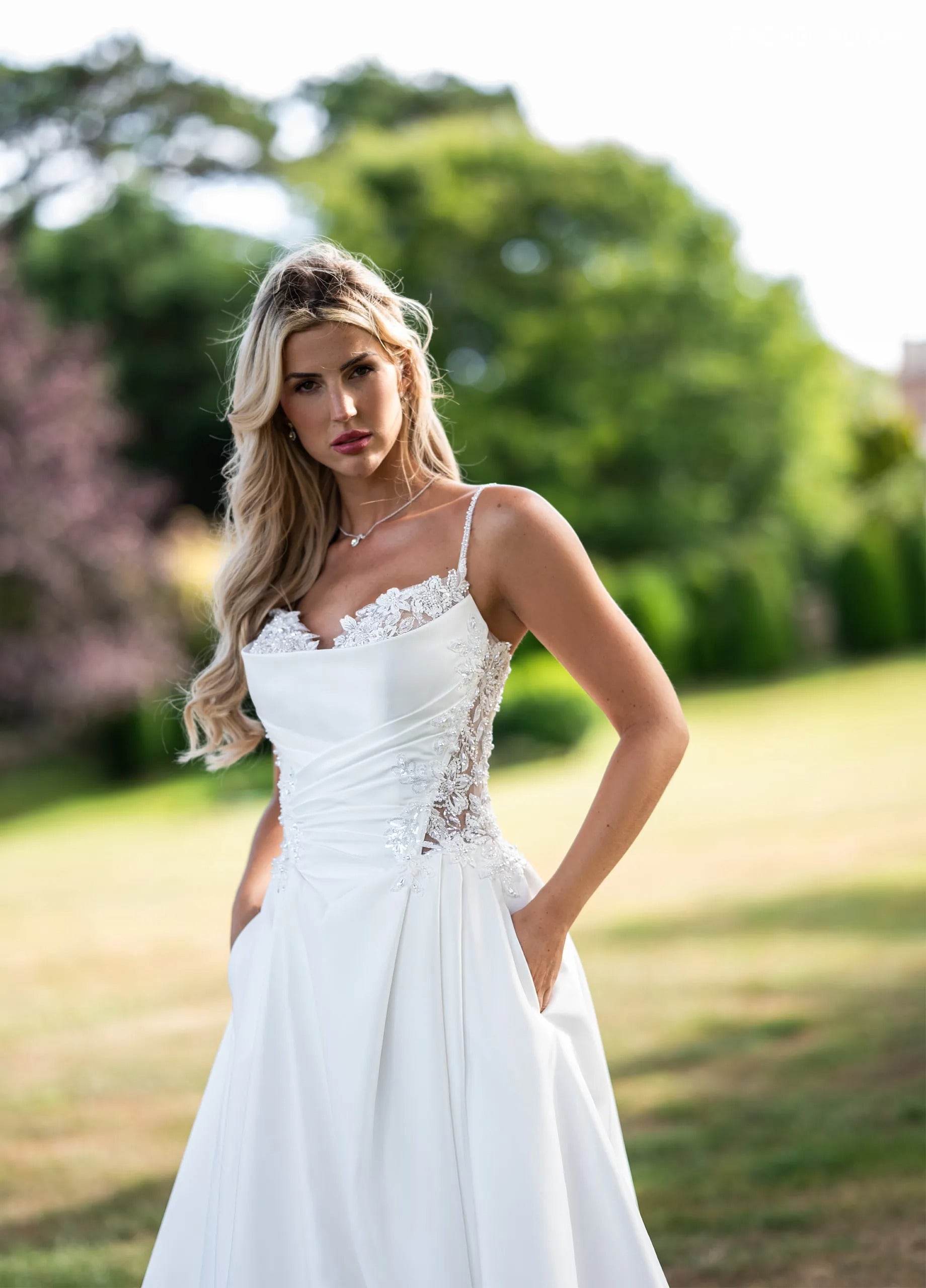 Ivory Nude Cowl Neck Floor-Length Satin A-Line Bridal Gown with Side Slit Rachel Allan RB2232