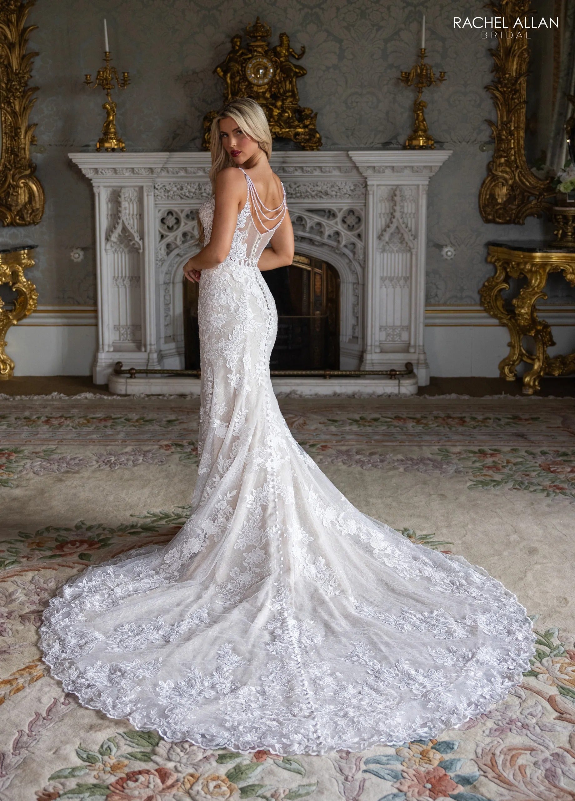 Ivory Champagne Nude Beaded Illusion Back Lace Mermaid Bridal Gown with Detachable Satin Bow Rachel Allan RB2236