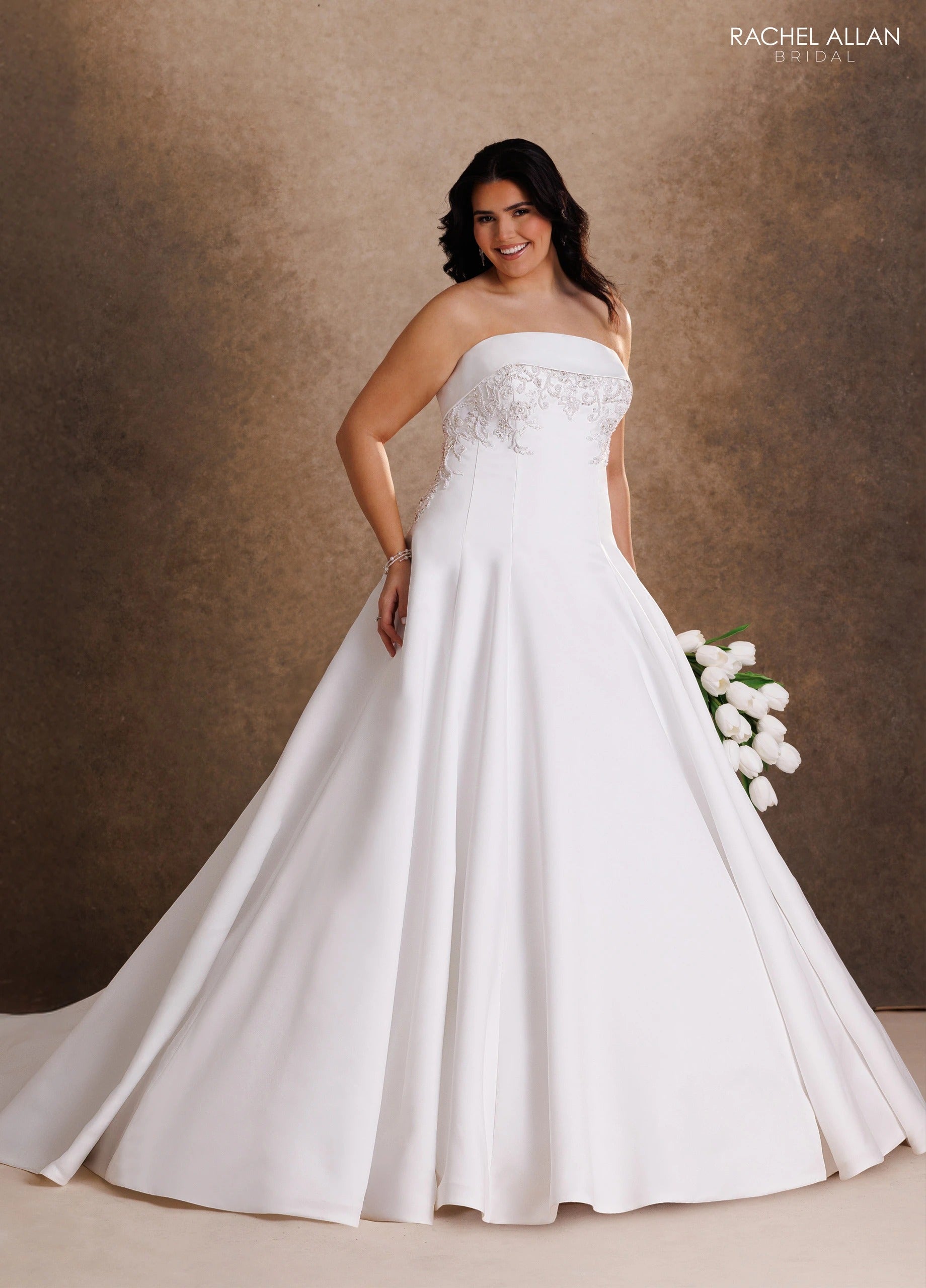 Strapless Straight Neck Floor-Length Satin Wedding Dress A-Line Rachel Allan RB2250