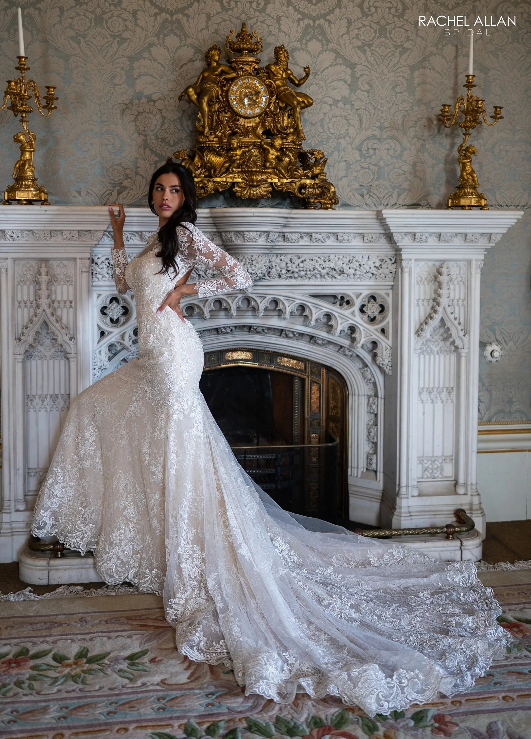 Ivory Champagne High-Neck Long-Sleeve Lace Mermaid Bridal Gown with Open Back Rachel Allan RB2234
