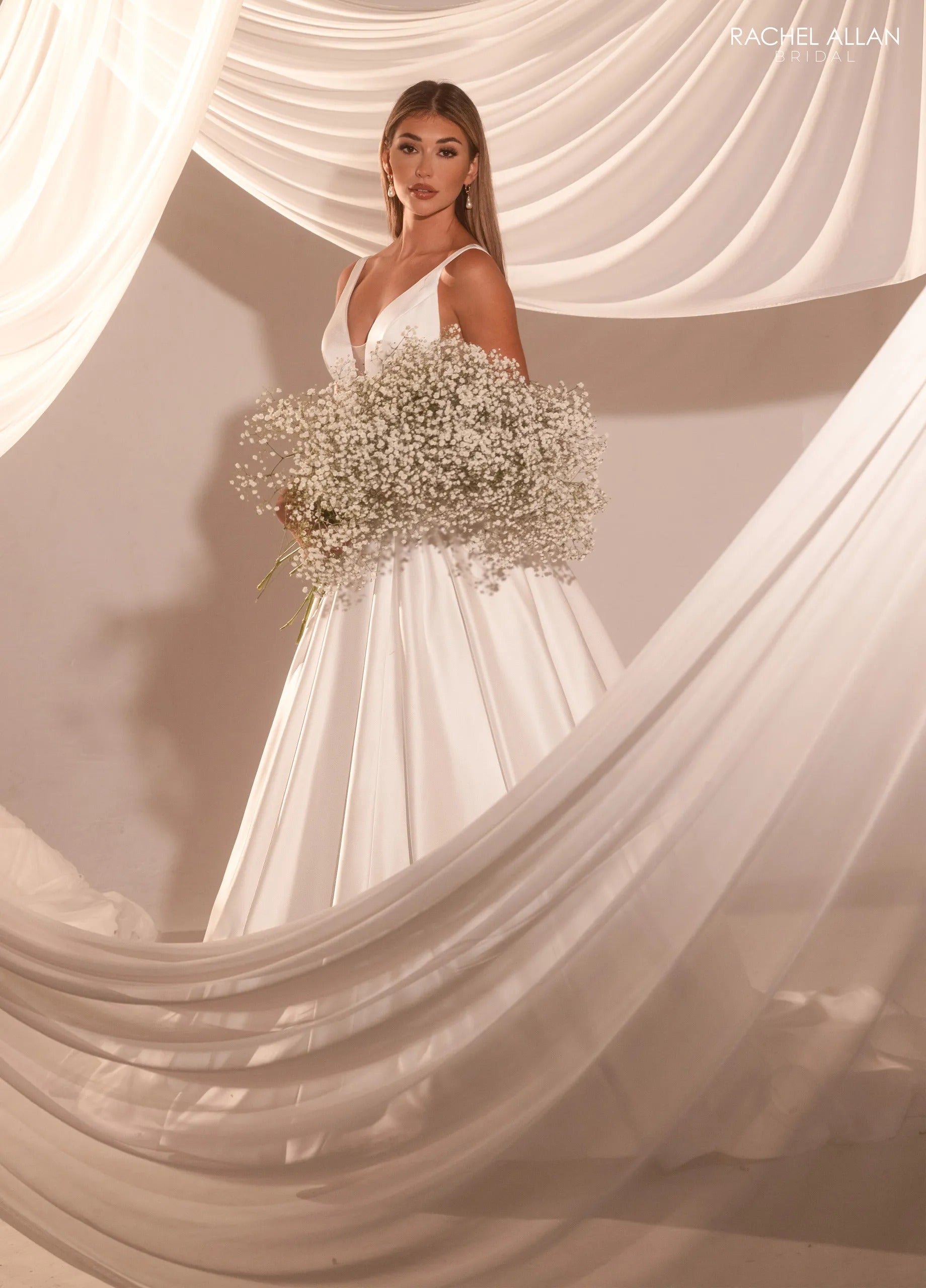 Ivory Nude Plunging V-Neck Floor-Length Satin Bridal Gown with Sweeping Train Rachel Allan RB2222