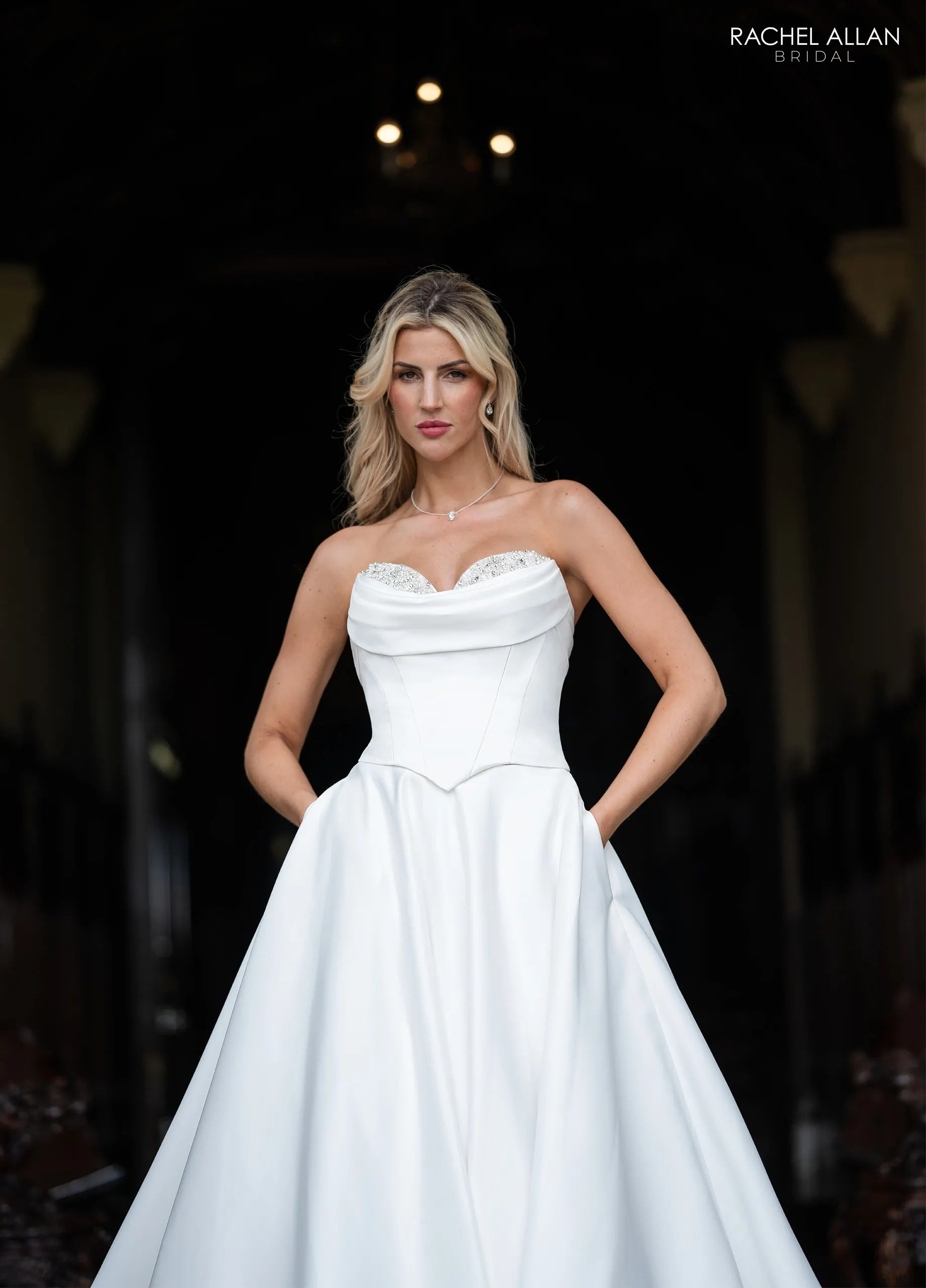 Ivory Cowl Neck Floor-Length Matte Satin 2-Piece Wedding Dress with Detachable Skirt Rachel Allan RB2242