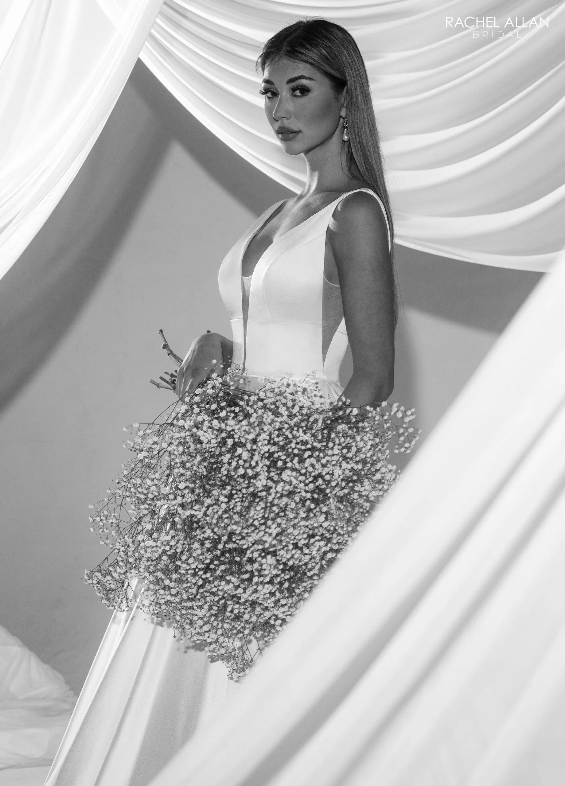 Ivory Nude Plunging V-Neck Floor-Length Satin Bridal Gown with Sweeping Train Rachel Allan RB2222