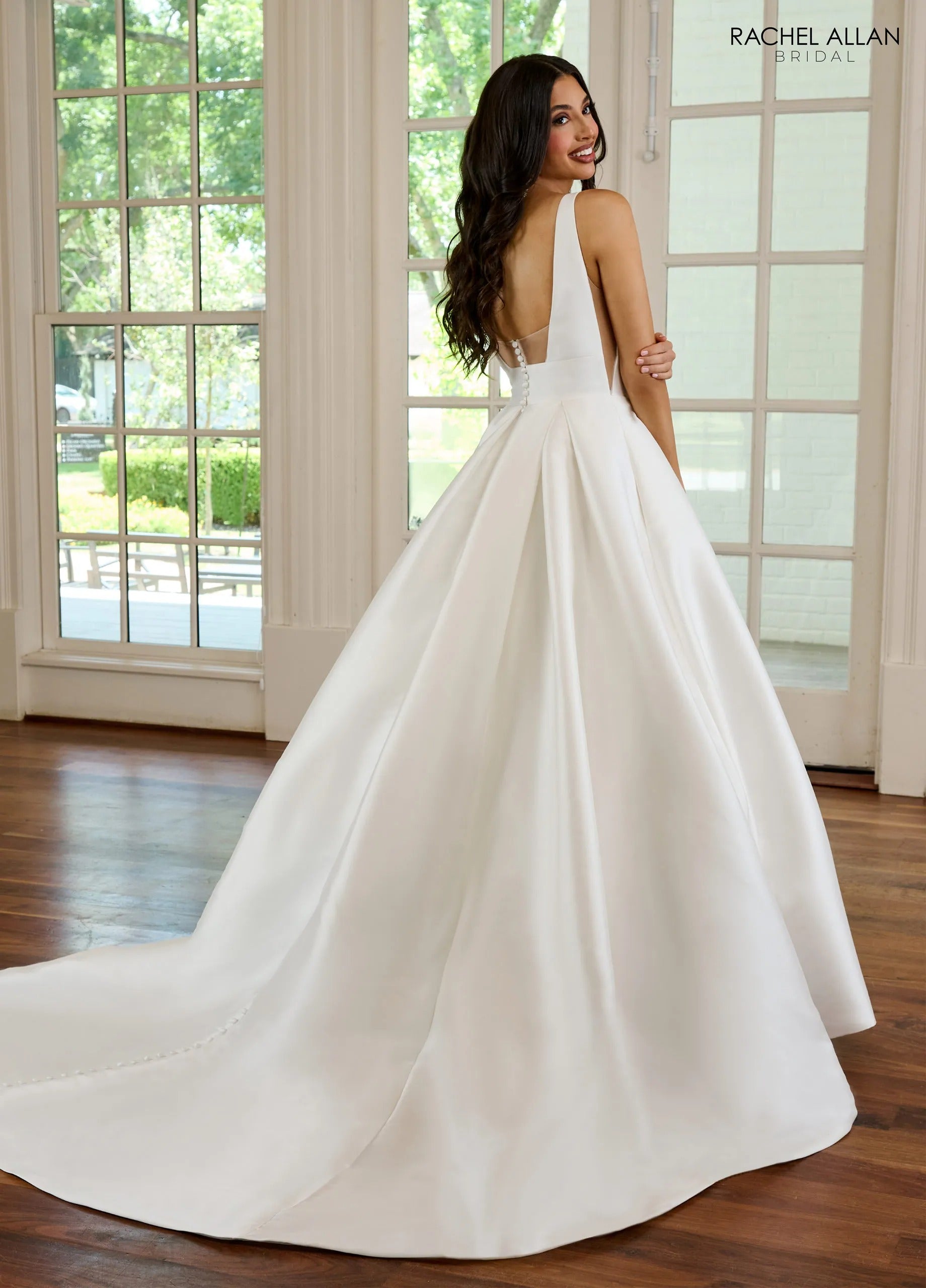 Ivory Light Rum Pink V-Neck Floor-Length Mikado Wedding A-Line Gown with Sweep Train Rachel Allan RB2177