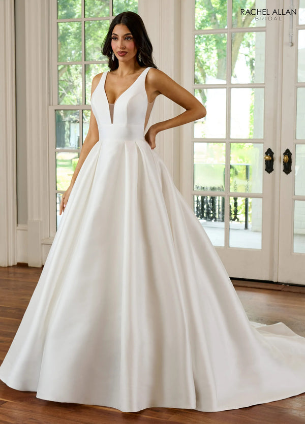 V-Neck Floor-Length Mikado Wedding A-Line Gown with Sweep Train Rachel Allan RB2177