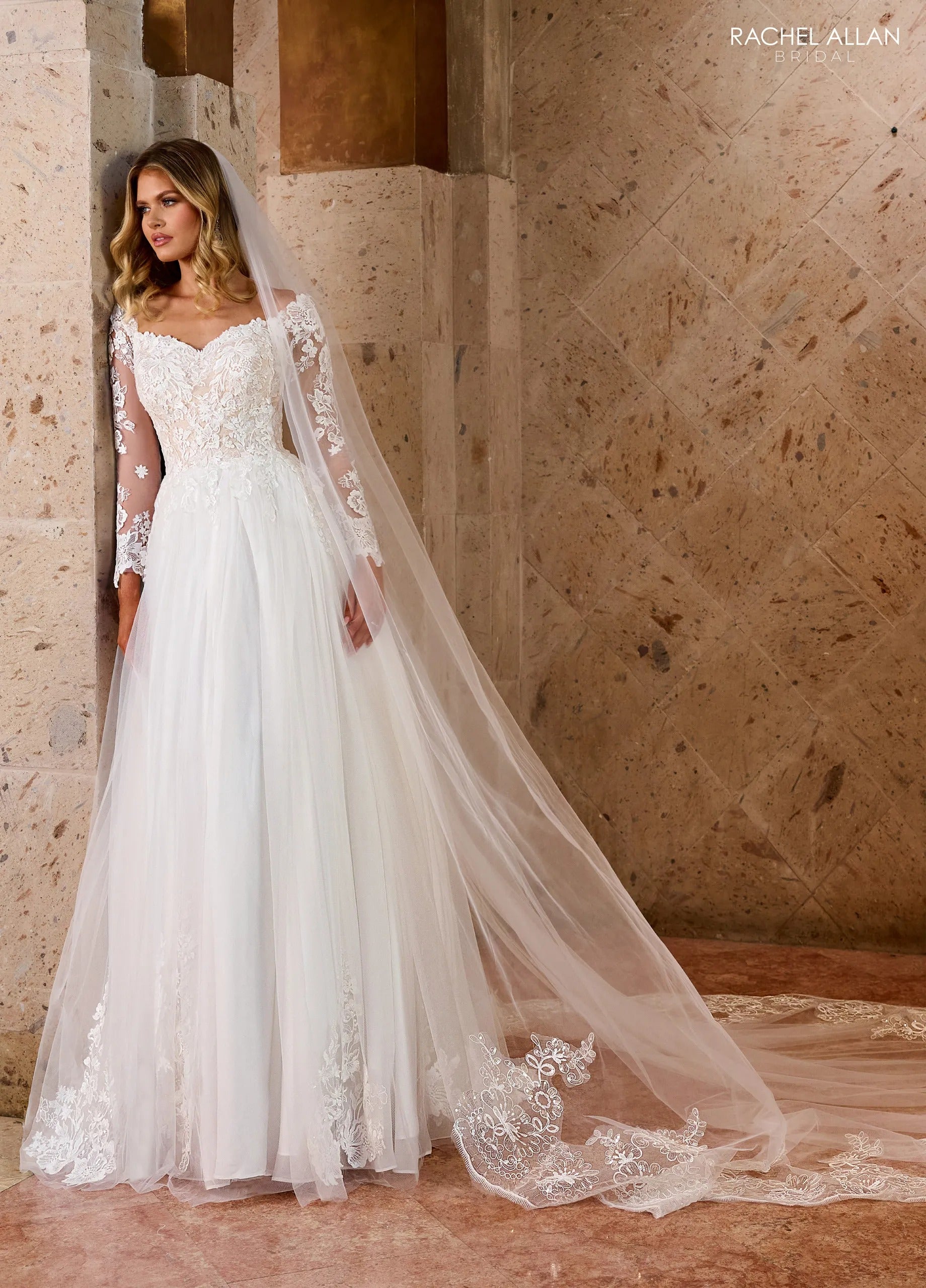 Ivory Nude V-Neck Floor-Length Tulle and Lace Wedding Dress with Long Sleeves Rachel Allan RB2186