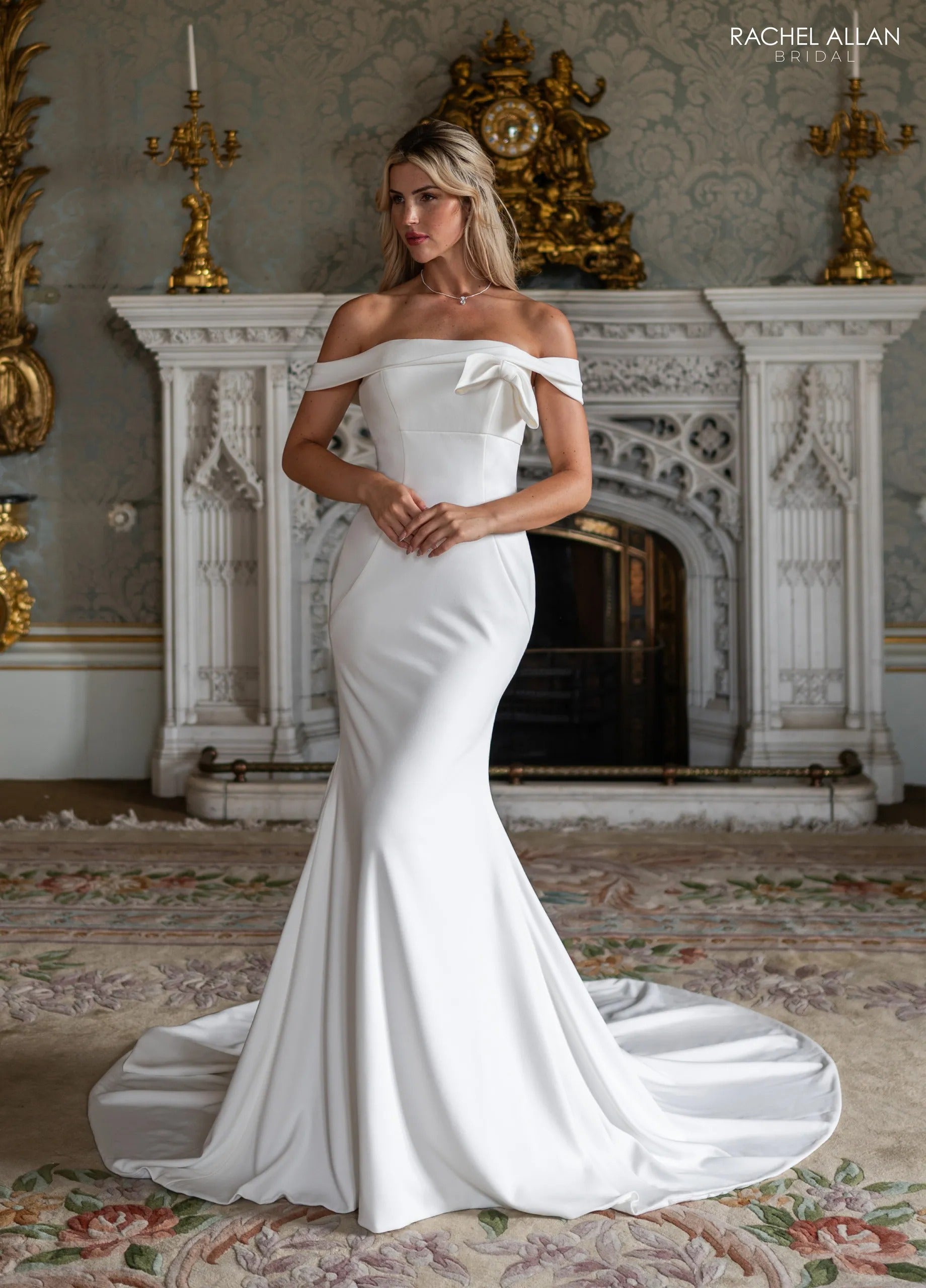 Ivory Off-the-Shoulder Floor-Length Satin Bridal Gown with Detachable Tulle Overskirt Rachel Allan RB2238