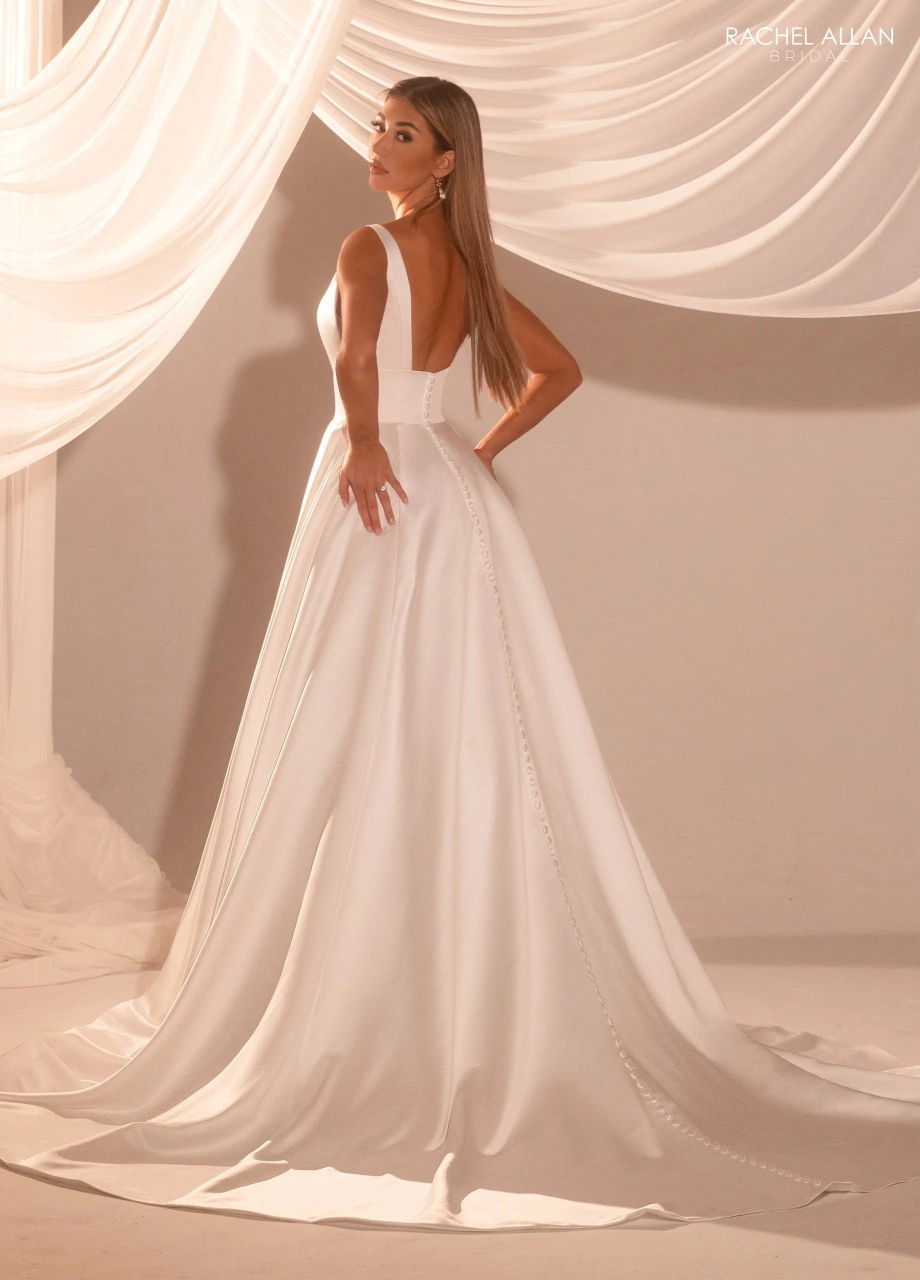 Ivory Nude Plunging V-Neck Floor-Length Satin Bridal Gown with Sweeping Train Rachel Allan RB2222