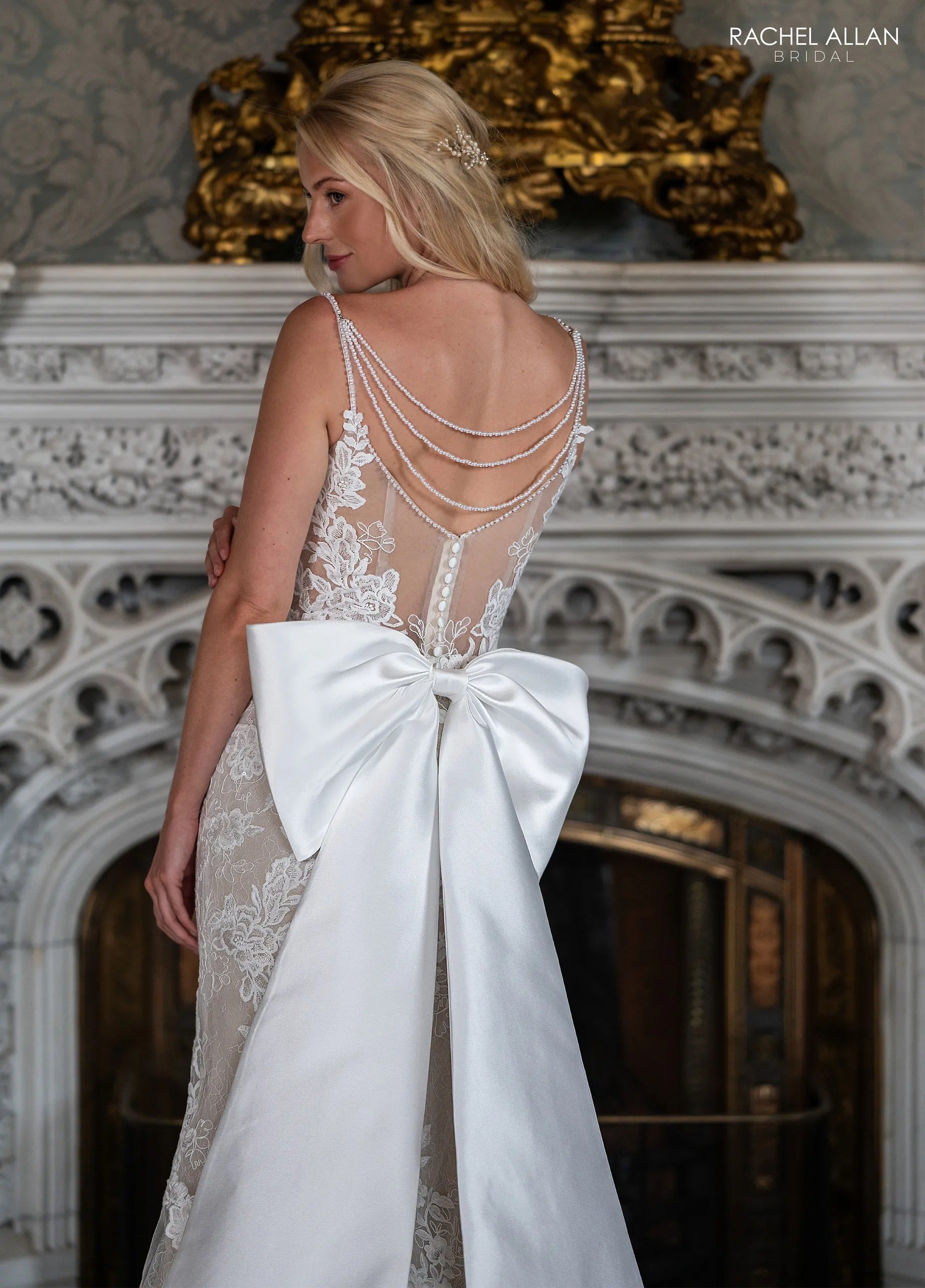 Ivory Champagne Nude Beaded Illusion Back Lace Mermaid Bridal Gown with Detachable Satin Bow Rachel Allan RB2236