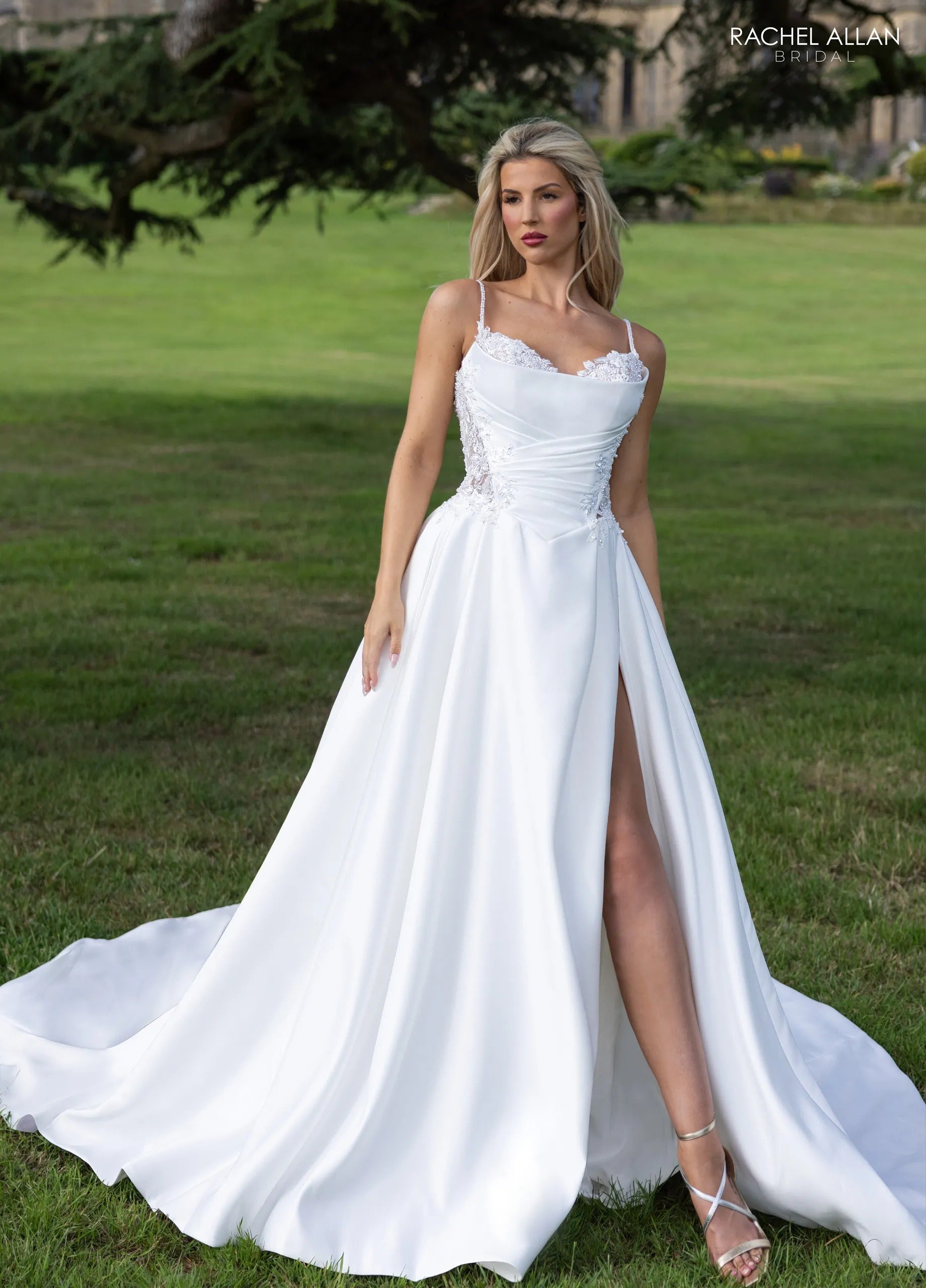 Ivory Nude Cowl Neck Floor-Length Satin A-Line Bridal Gown with Side Slit Rachel Allan RB2232