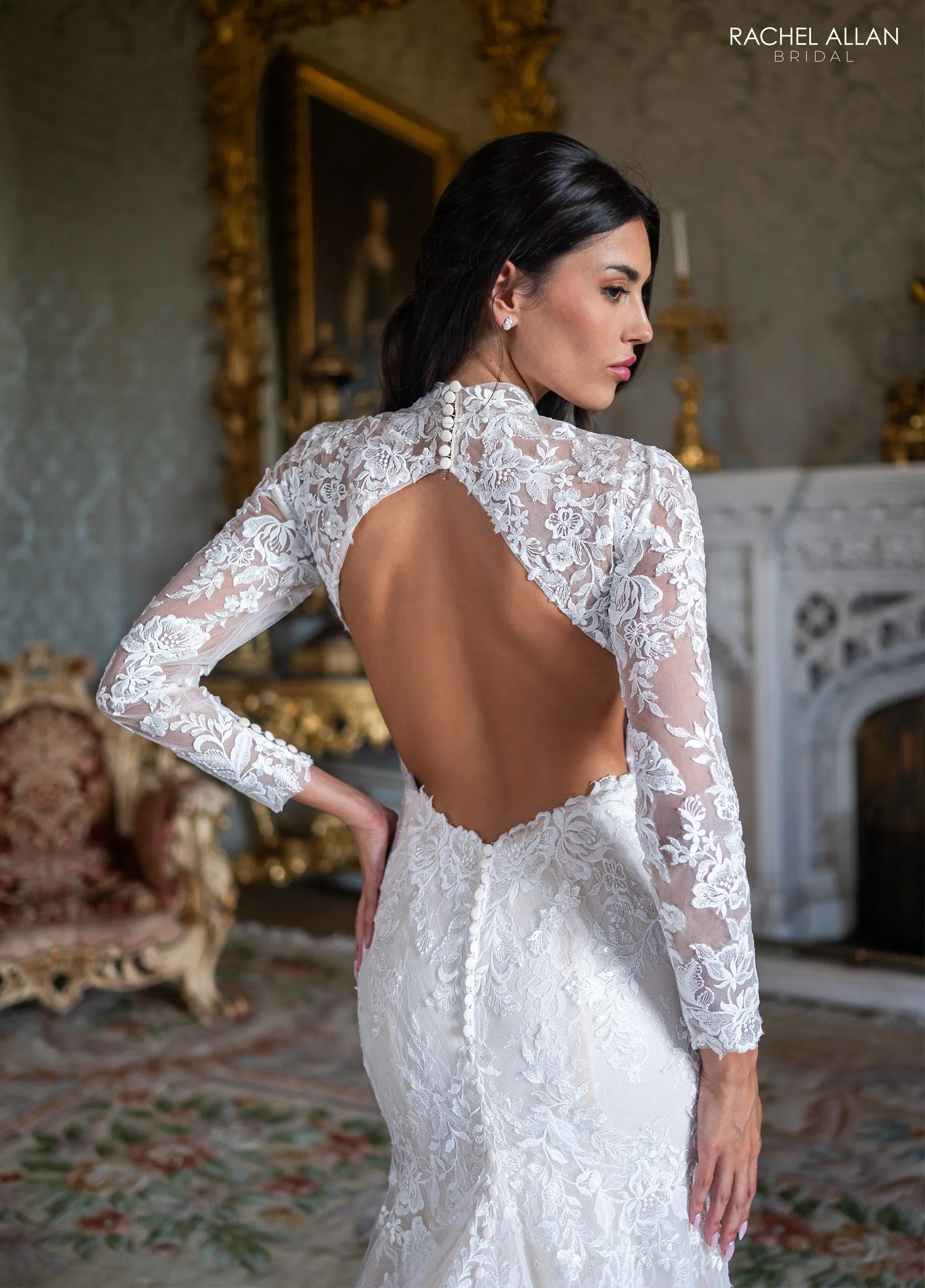 Ivory Champagne High-Neck Long-Sleeve Lace Mermaid Bridal Gown with Open Back Rachel Allan RB2234