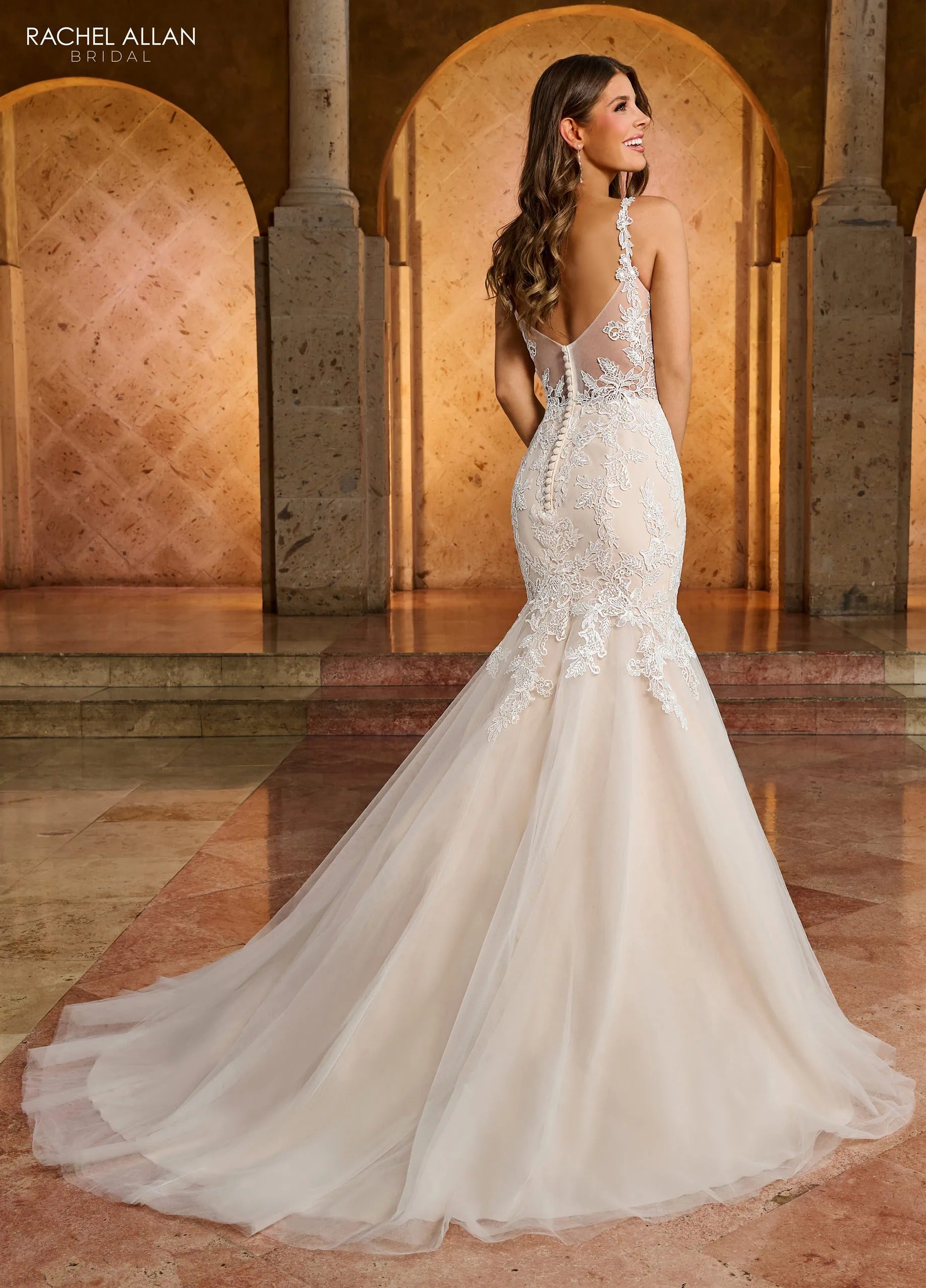 Ivory Champagne Plunging V-Neck Mermaid Wedding Dress with Tulle Skirt and Chapel Train Rachel Allan RB2173