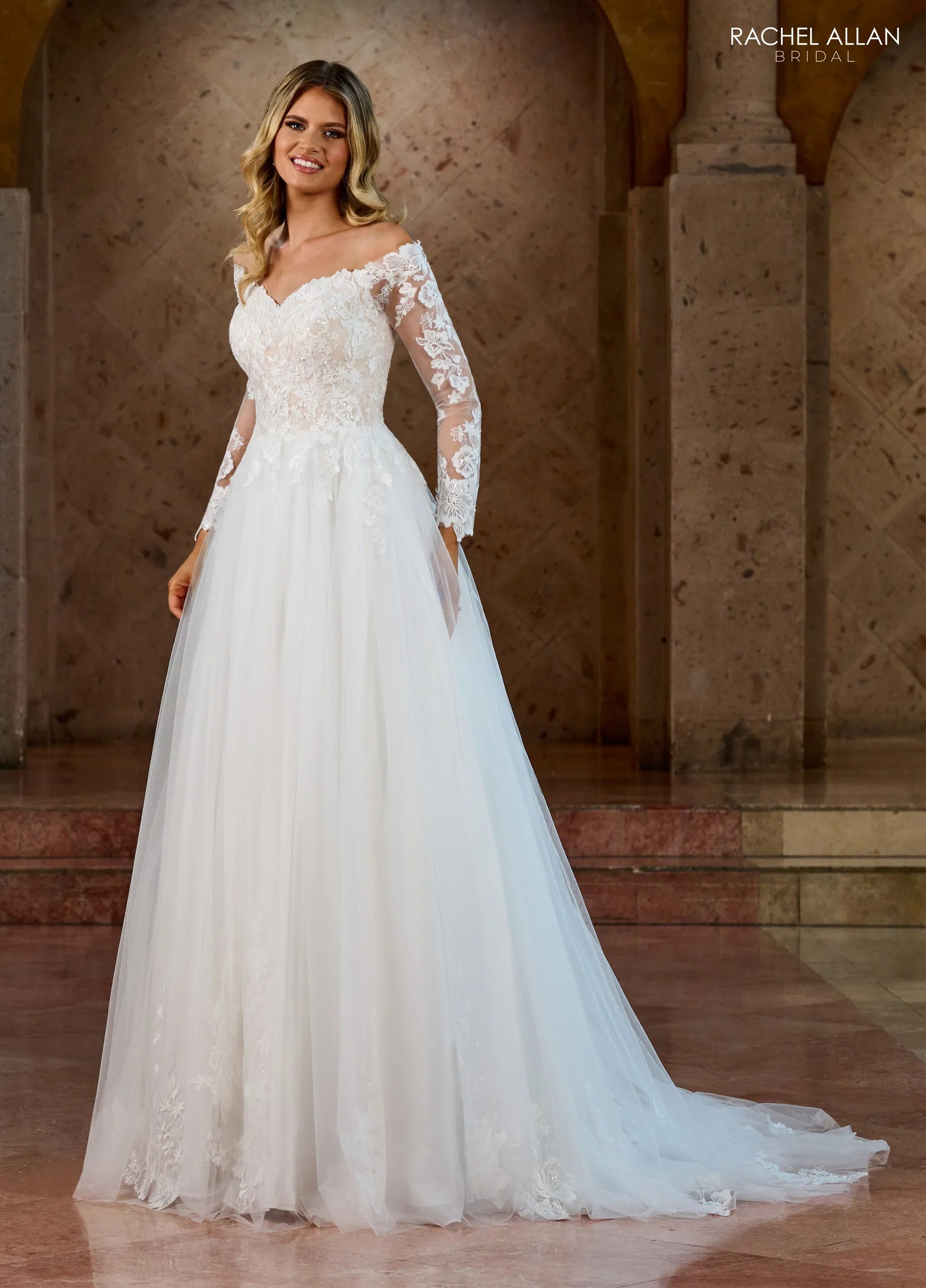 Ivory Nude V-Neck Floor-Length Tulle and Lace Wedding Dress with Long Sleeves Rachel Allan RB2186