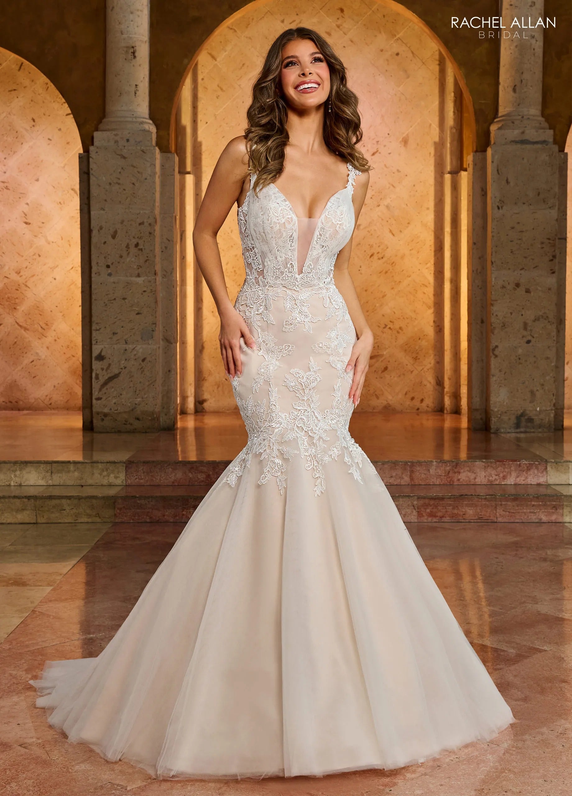 Ivory Champagne Plunging V-Neck Mermaid Wedding Dress with Tulle Skirt and Chapel Train Rachel Allan RB2173