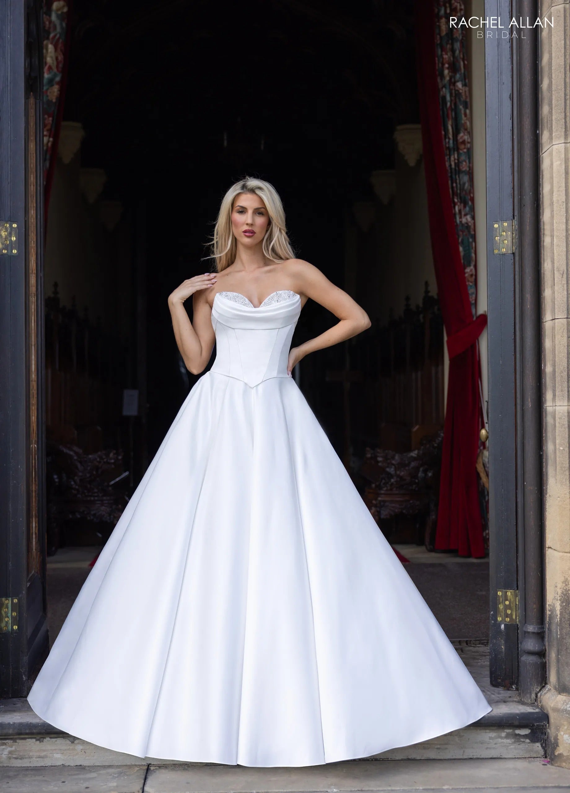 Ivory Cowl Neck Floor-Length Matte Satin 2-Piece Wedding Dress with Detachable Skirt Rachel Allan RB2242