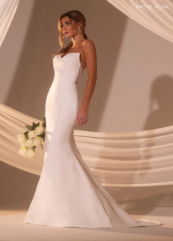 Strapless Floor-Length Satin Wedding Dress with Beaded Back Detail Fit-and-Flare Gown Rachel Allan RB2218