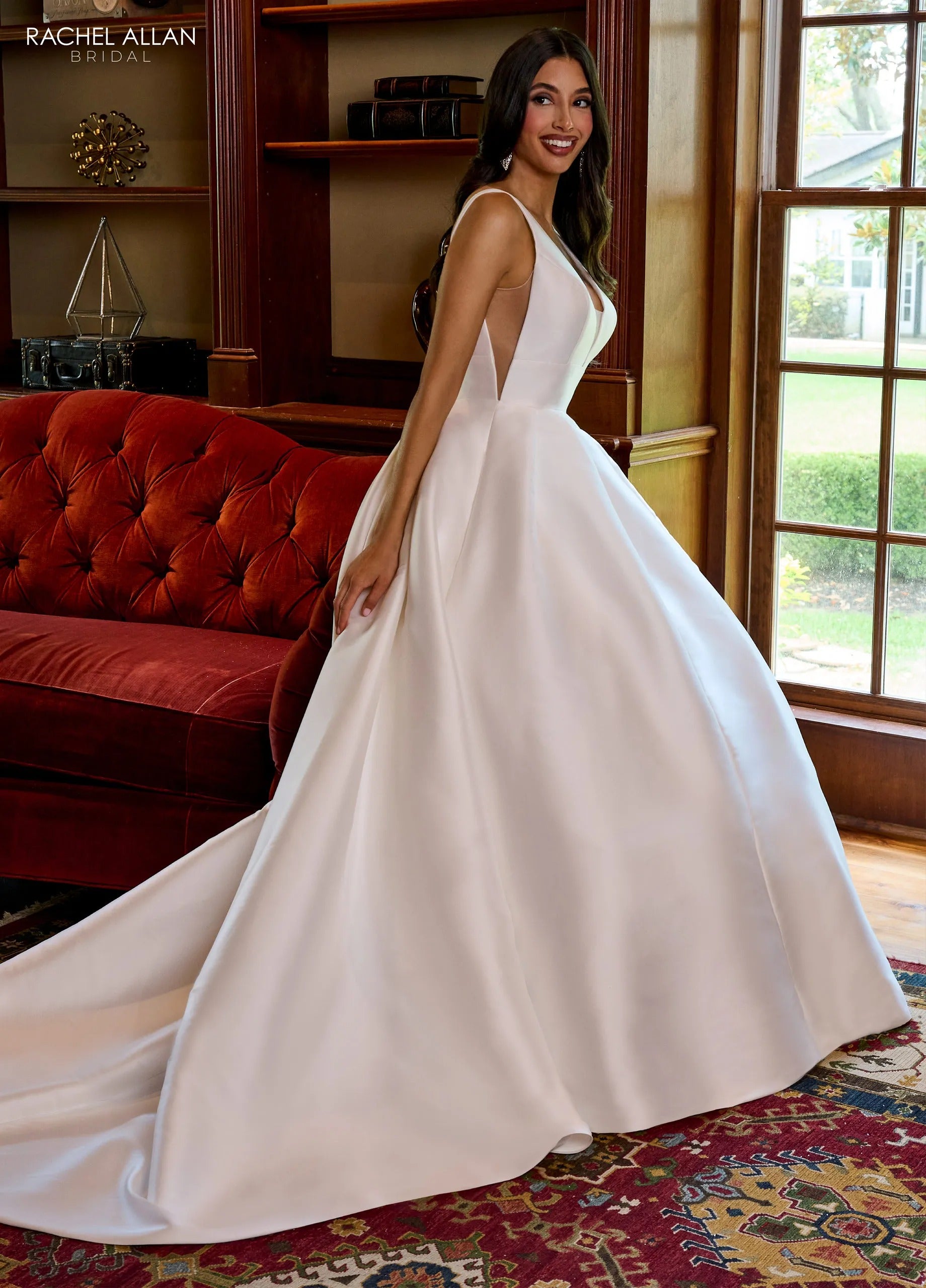 Ivory Light Rum Pink V-Neck Floor-Length Mikado Wedding A-Line Gown with Sweep Train Rachel Allan RB2177