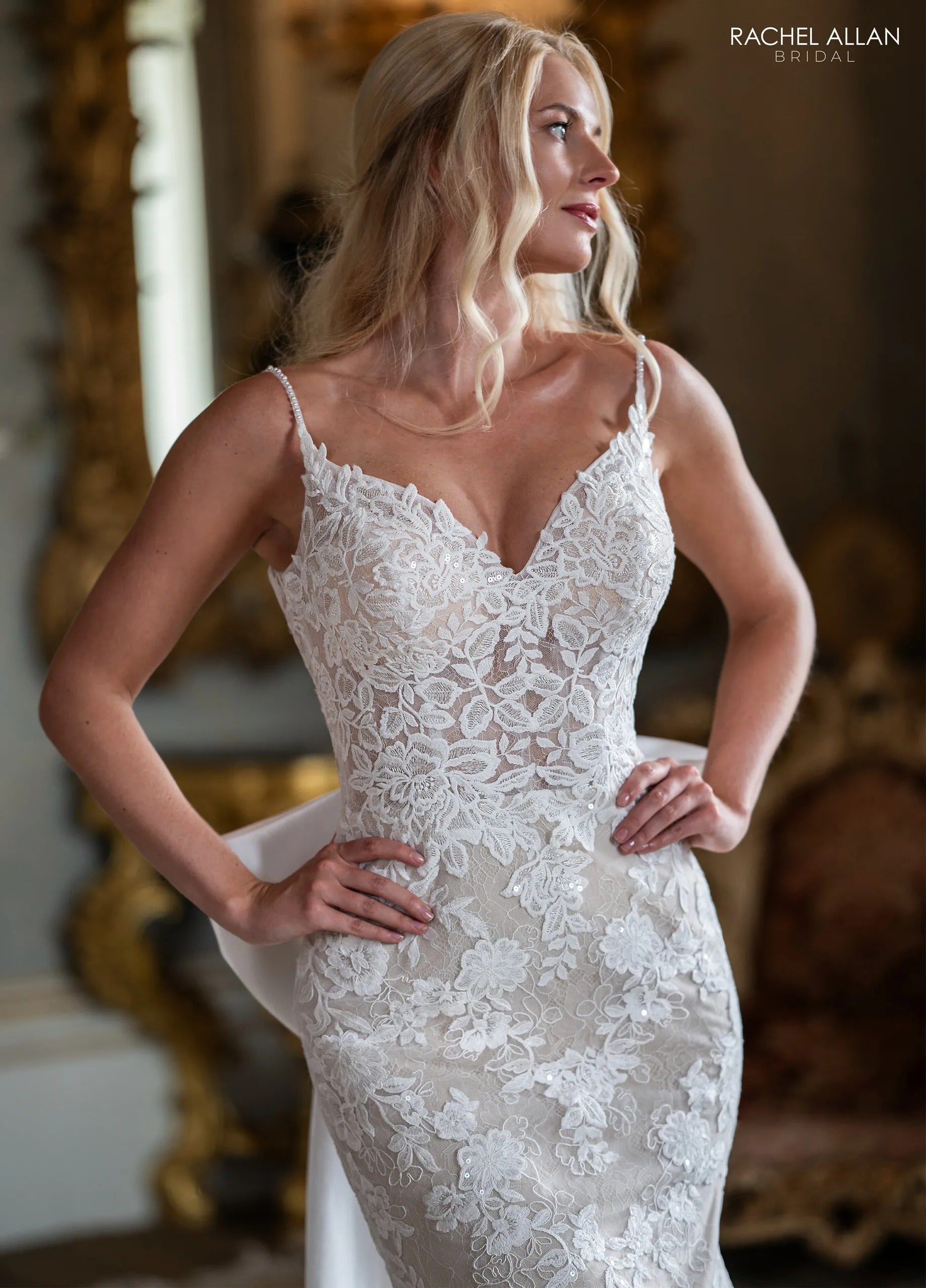 Ivory Champagne Nude Beaded Illusion Back Lace Mermaid Bridal Gown with Detachable Satin Bow Rachel Allan RB2236